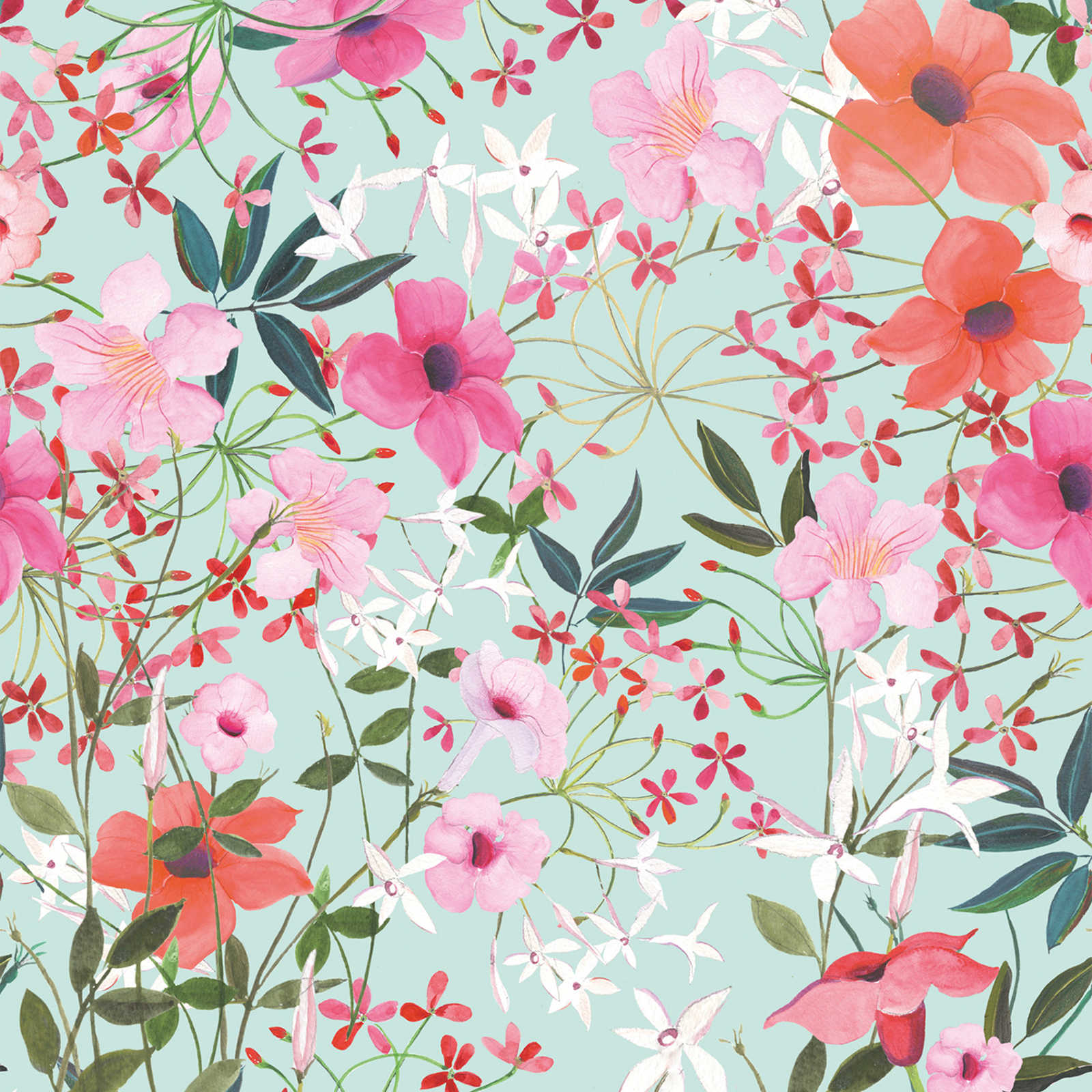 Non-woven wallpaper with floral motif and leaves - multicoloured, turquoise, green
