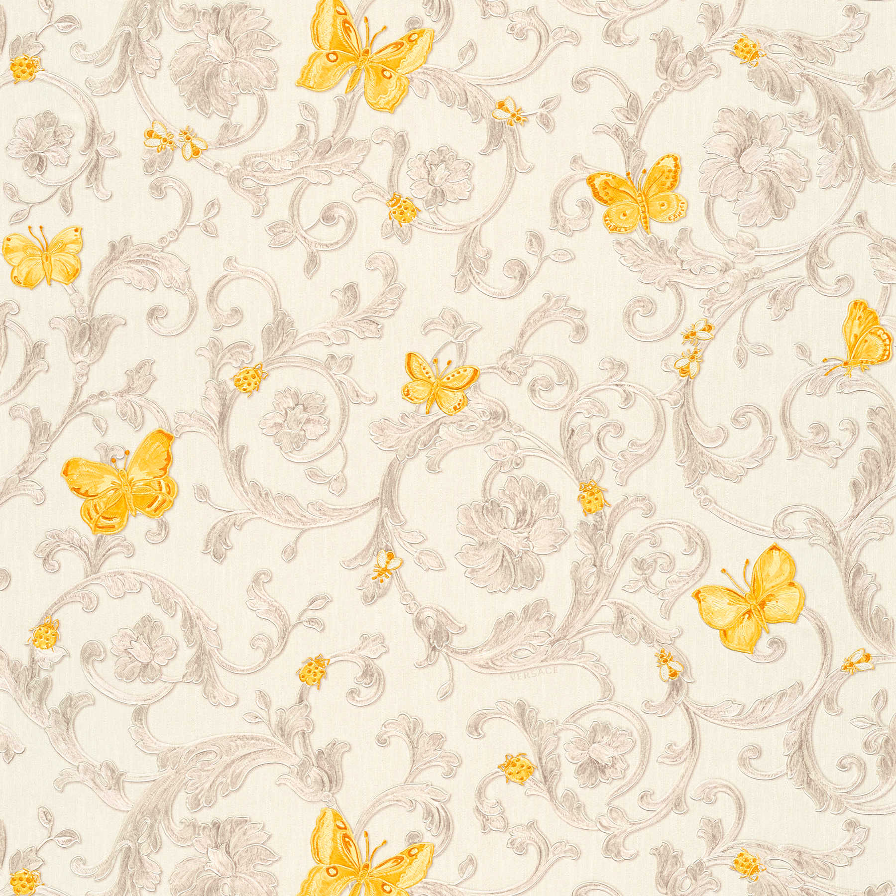 Papel pintado VERSACE con mariposas y adornos - crema, oro
