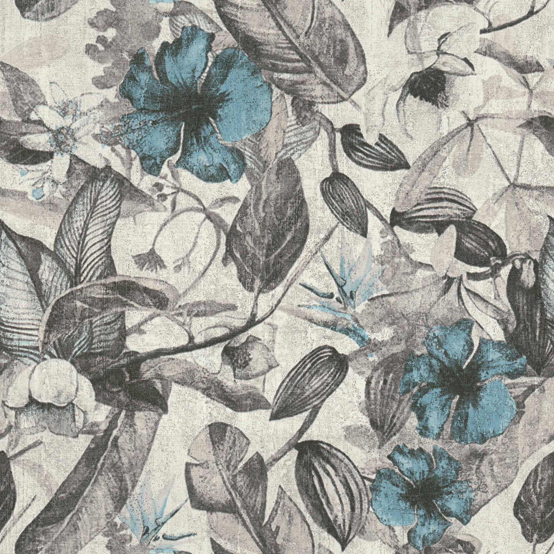 papel pintado con motivos florales tropicales de aspecto textil - azul, gris, negro
