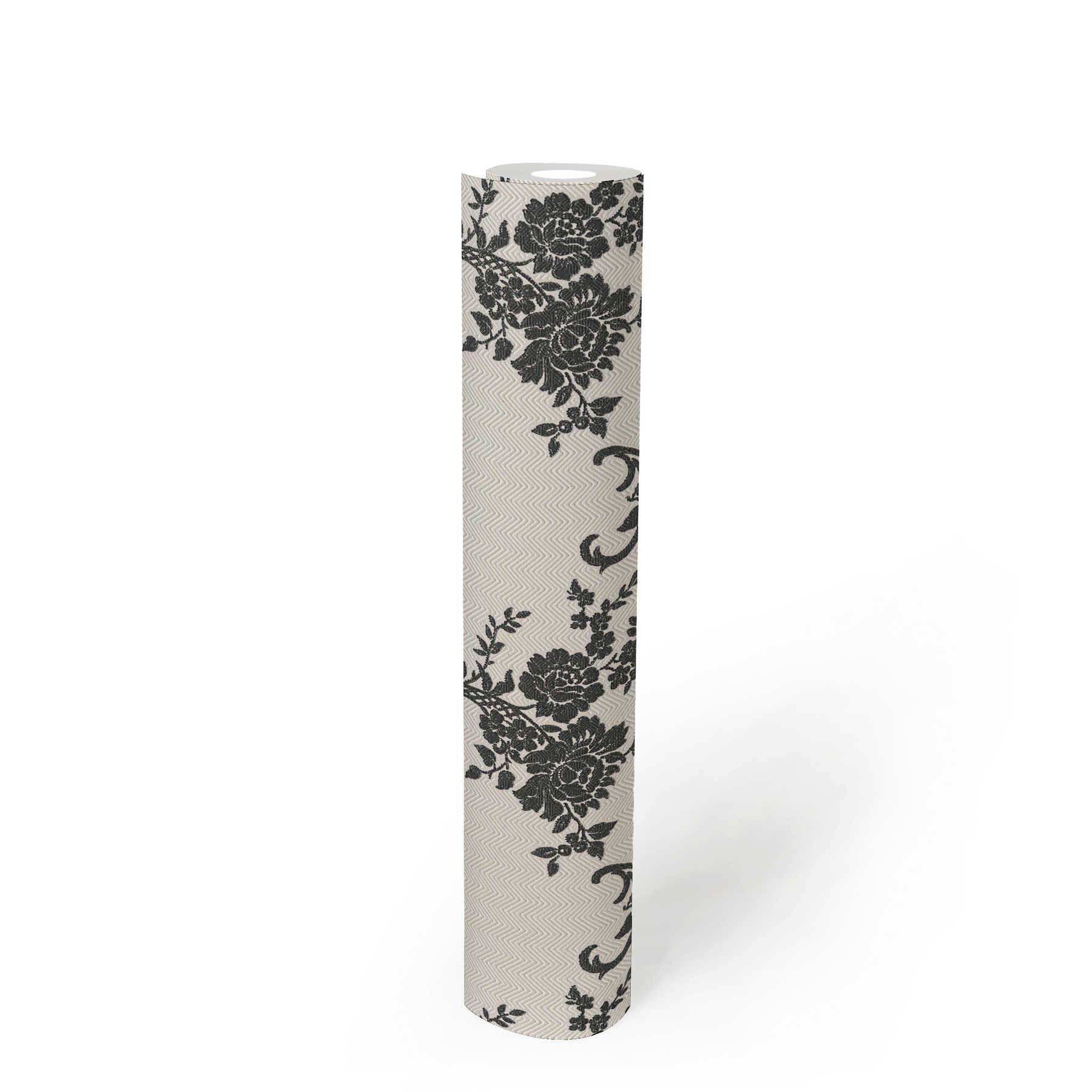             Papel pintado con adornos florales y diseño chevron - negro, blanco, plata
        