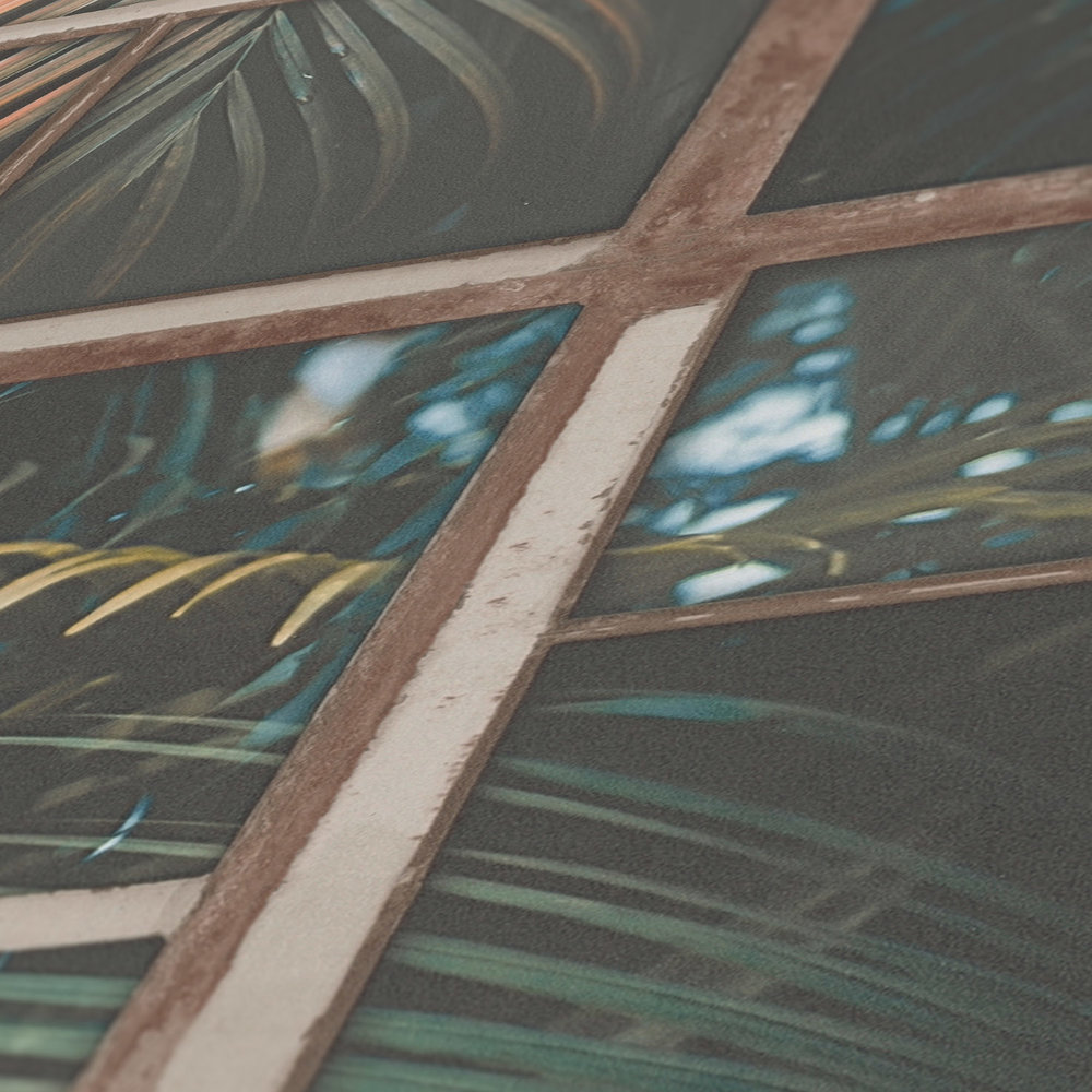             Papel pintado no tejido vista industrial ventana y selva - marrón, petróleo, negro
        