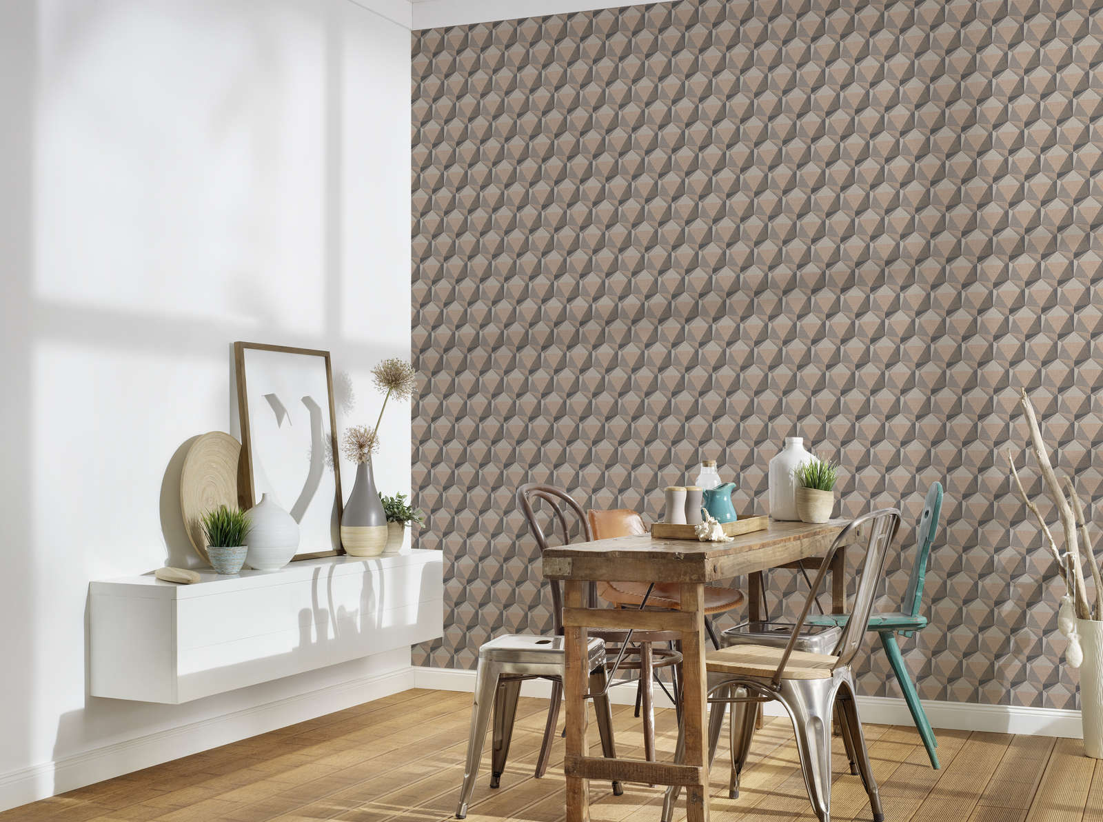             3D-behang met grafisch patroon in retrolook - beige, crème, grijs
        