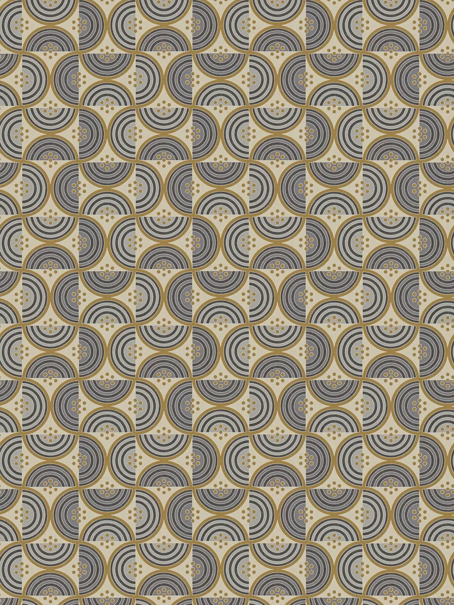 Vliesbehang met vierkant patroon van halve cirkels en stippen - geel, grijs, zwart

