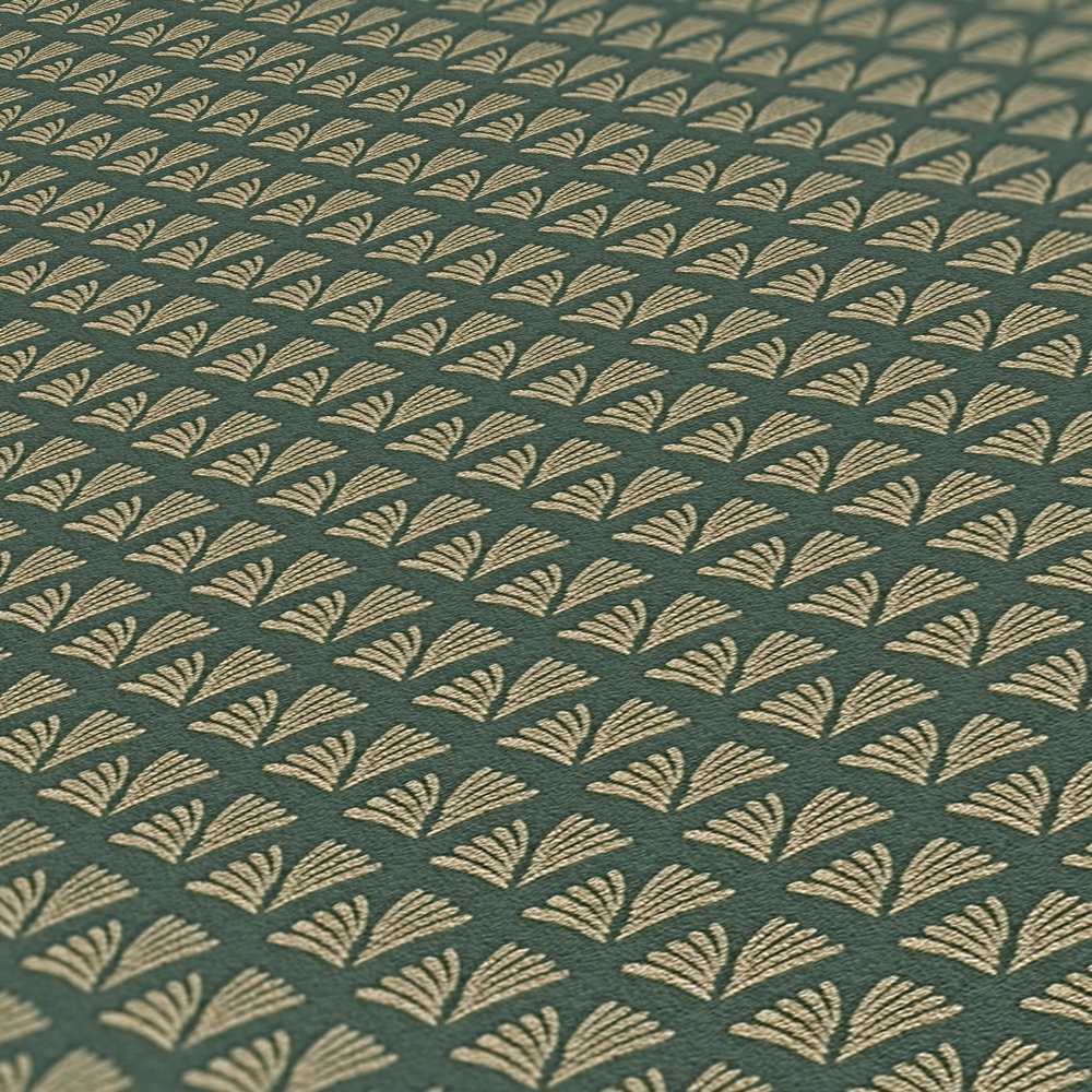             behang donkergroen met goudpatroon in retrostijl - groen, metallic
        