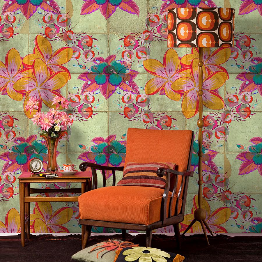 Photo wallpaper »jolie« - Floral design with kaleidoscope effect on concrete tile structure - Lightly textured non-woven fabric
