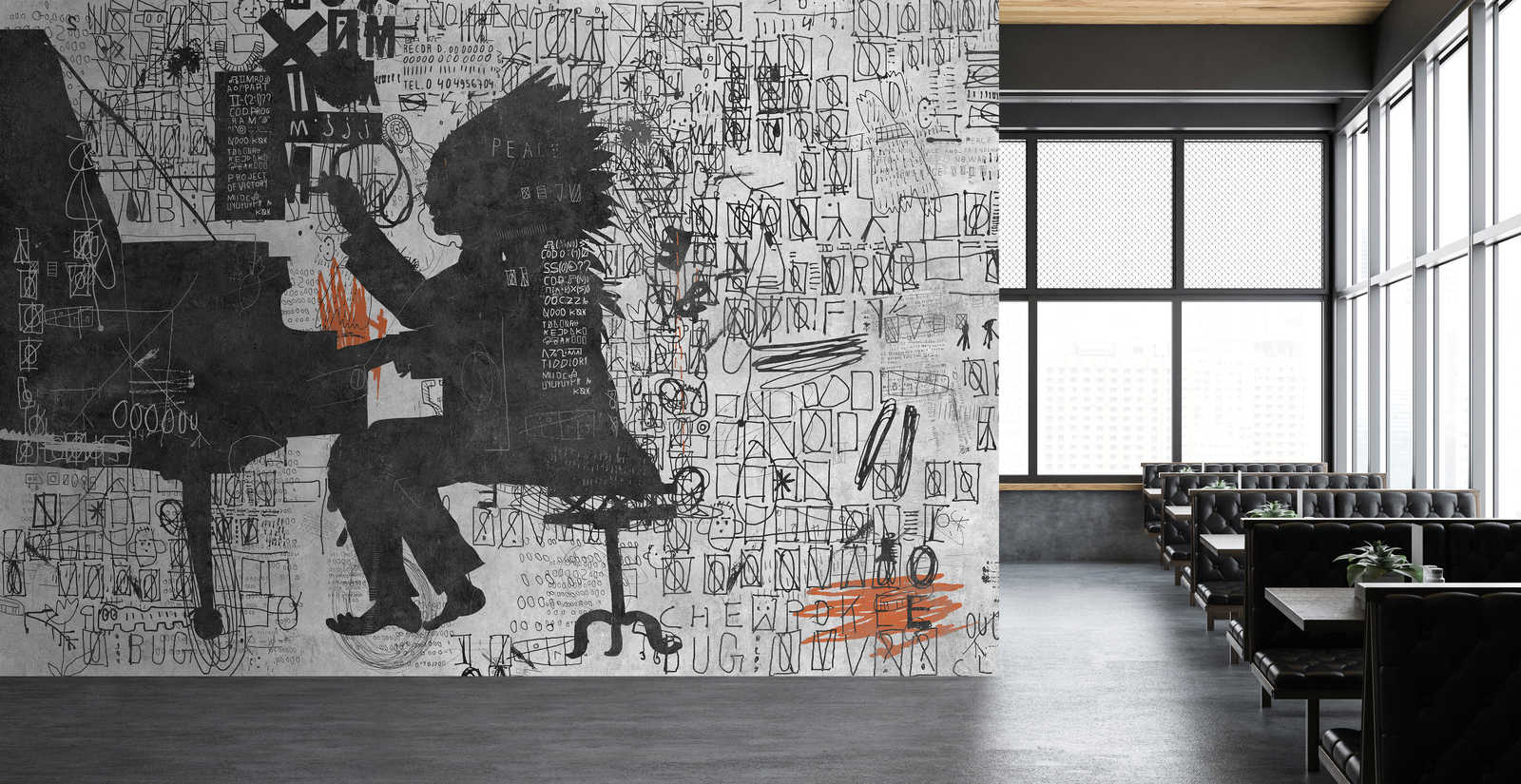             Piano Bar 1 - Street Art Behang Scribbel Design Zwart & Grijs
        