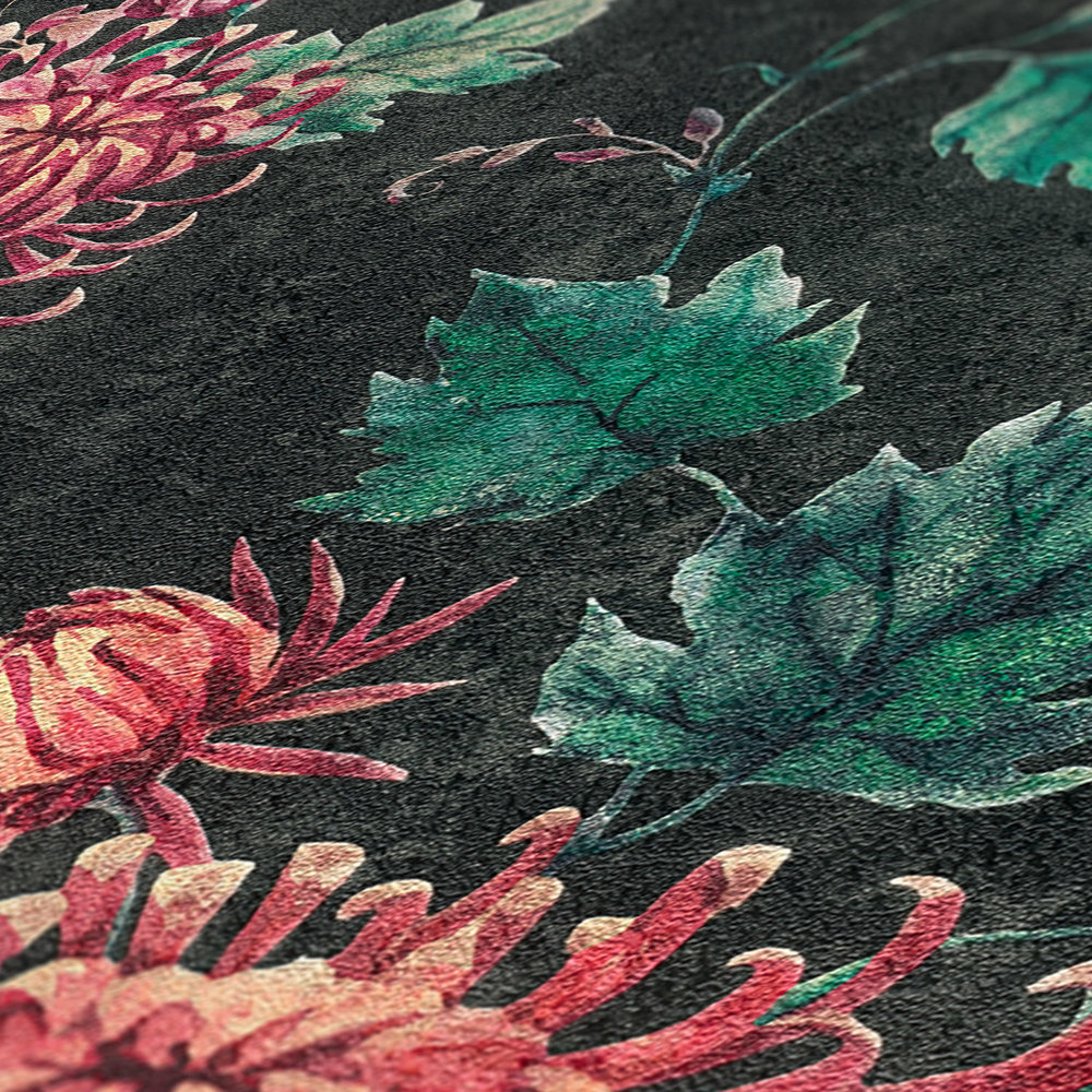             Papier peint à motifs avec grues et fleurs asiatiques - noir, rouge, vert
        