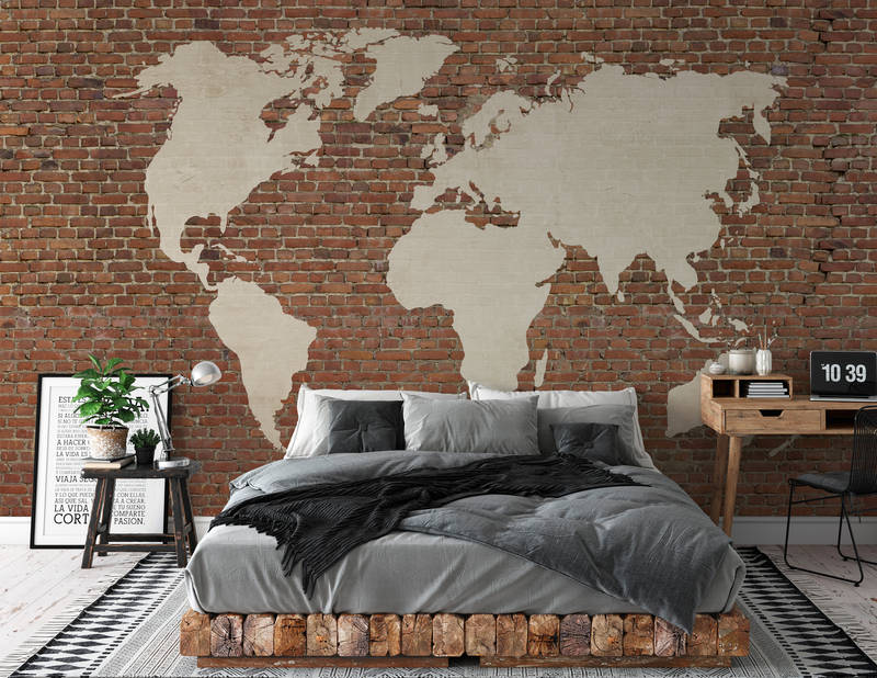             Photo wallpaper stone wall & world maps motif - brown, cream
        