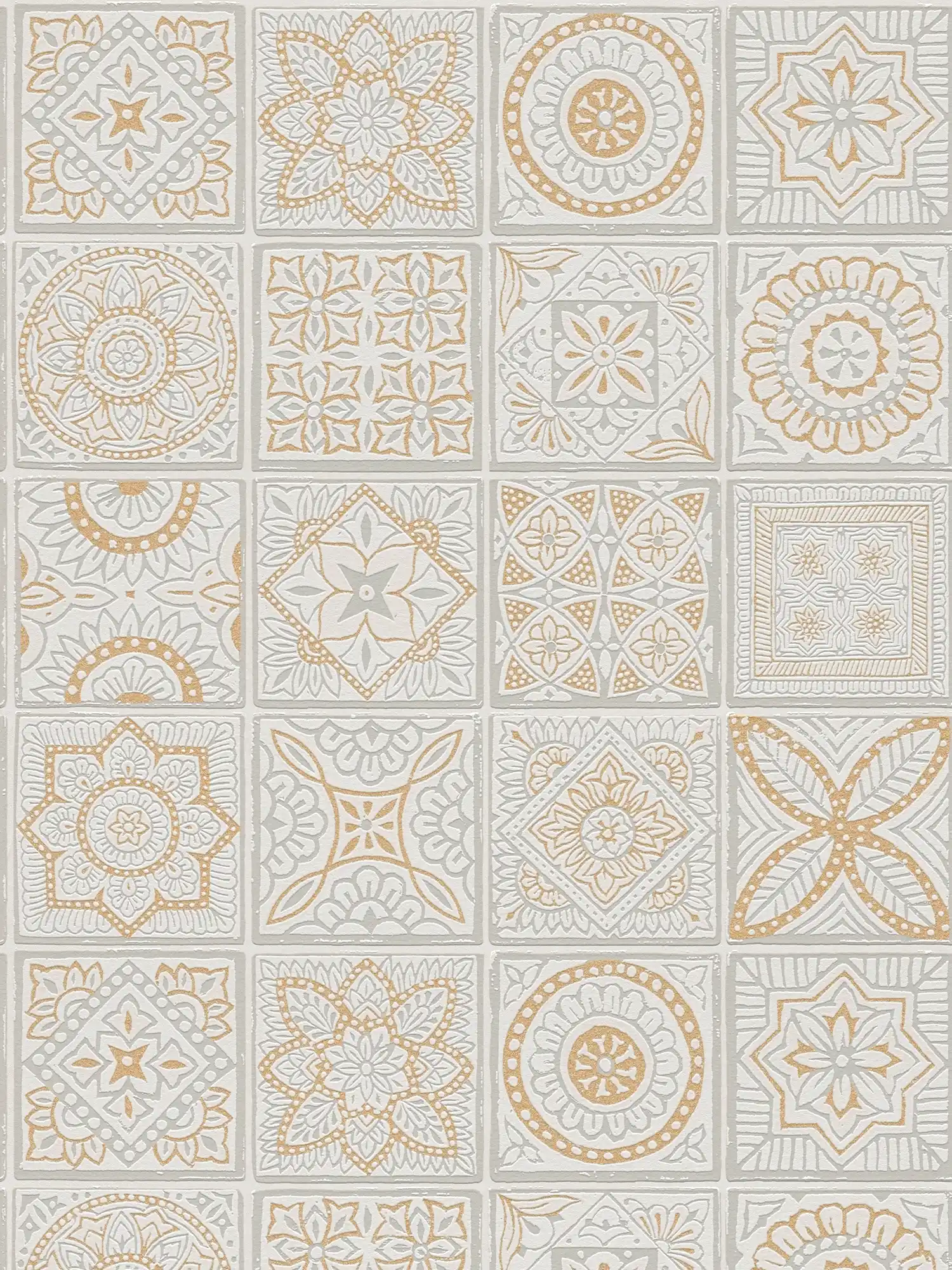 Tile look non-woven wallpaper with floral mosaics - gold, grey, white
