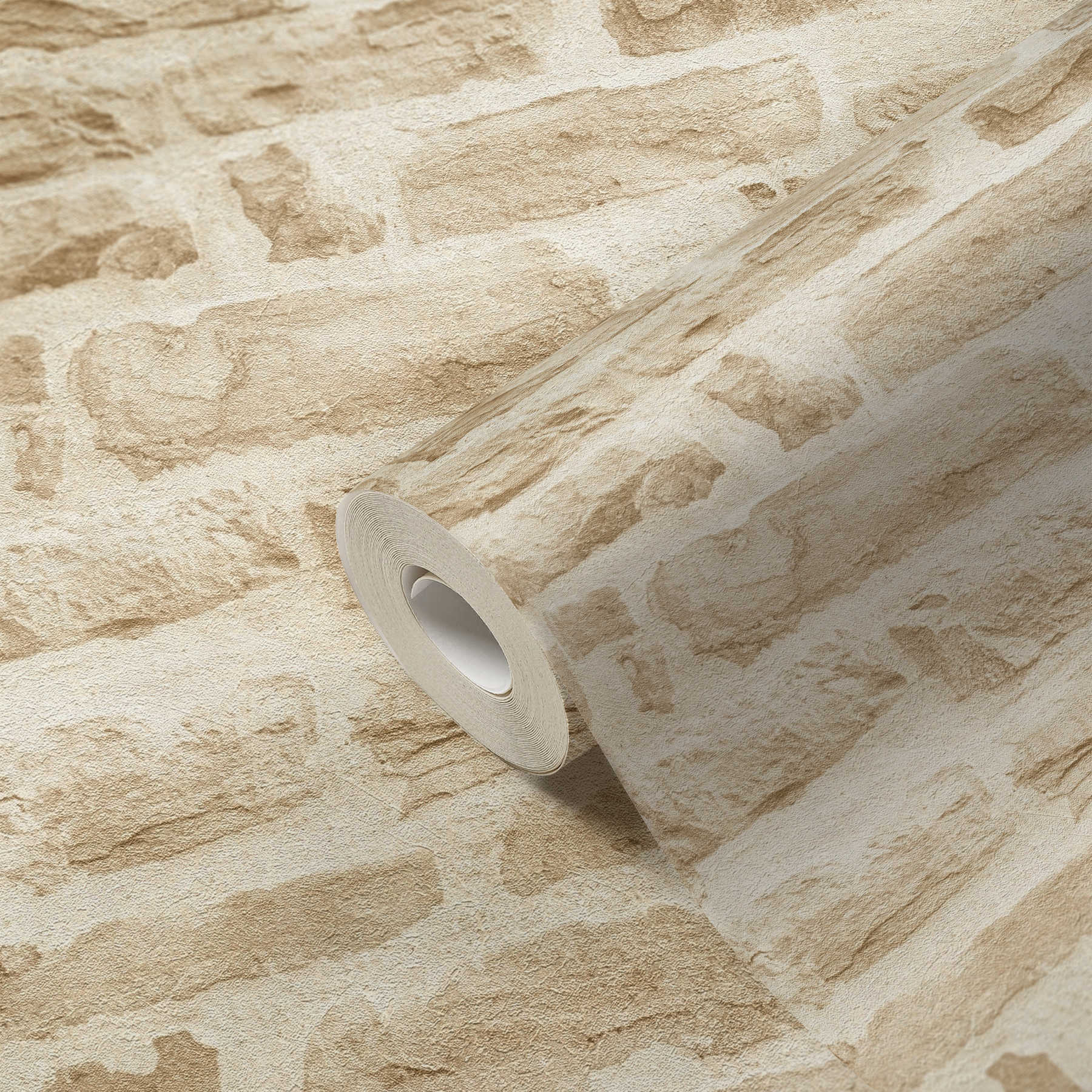             Non-woven wallpaper light beige with natural stone wall look - beige, cream
        