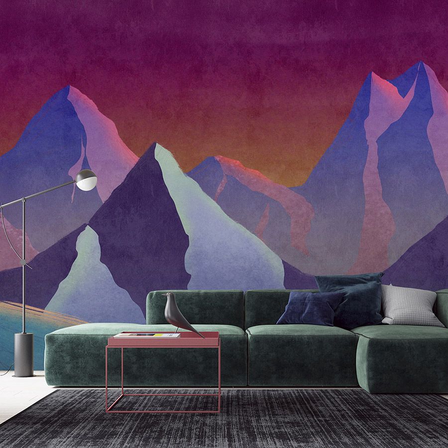 Photo wallpaper »altitude 1« - Abstract mountains in neon colours with vintage plaster texture - Smooth, slightly pearlescent non-woven fabric

