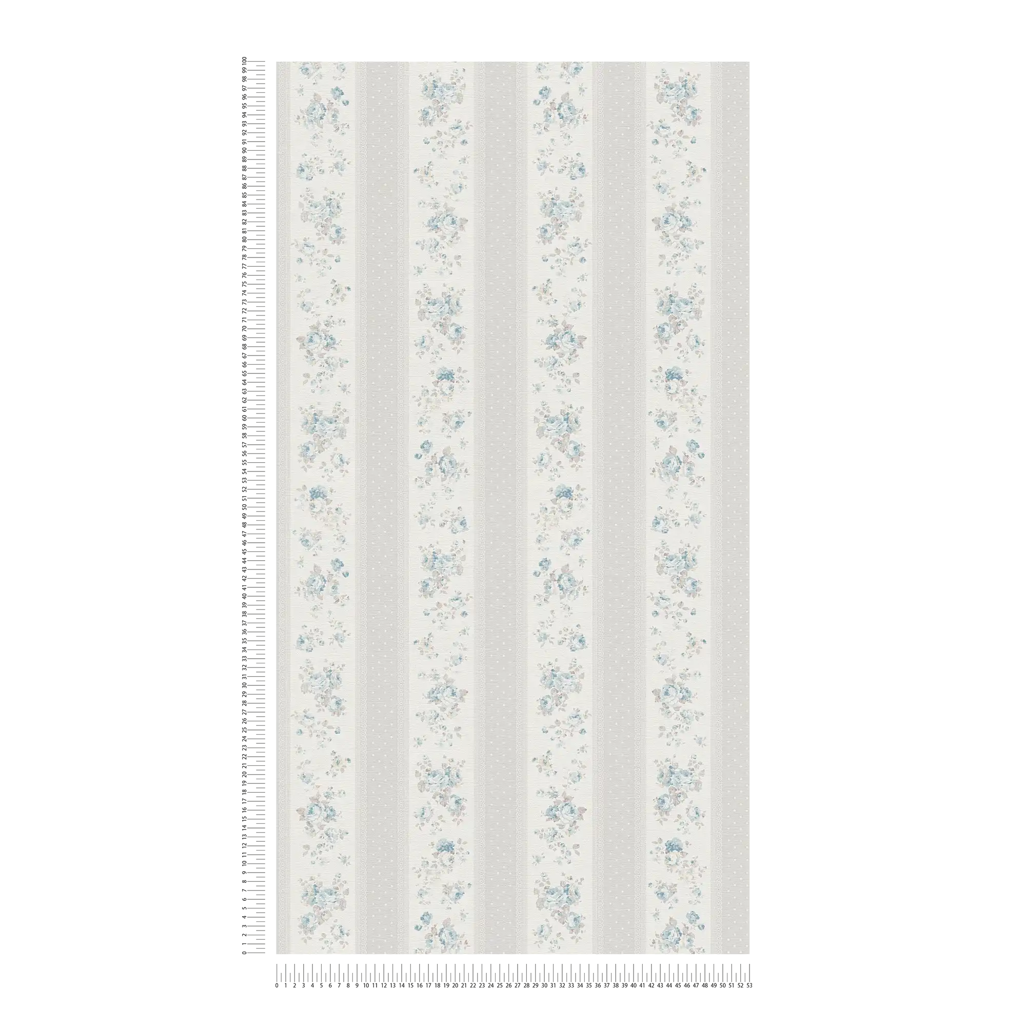             Papel pintado no tejido con rayas punteadas y florales - gris, blanco, azul
        