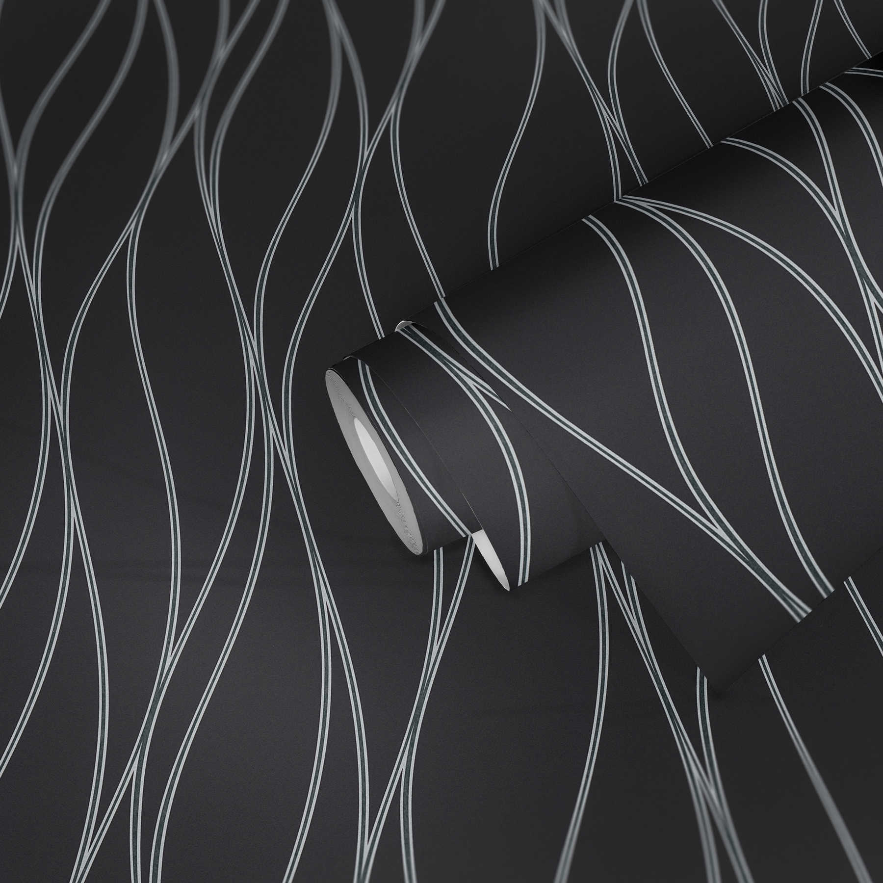             behang golvende lijnen verticaal, metallic effect - zwart, zilver, grijs
        
