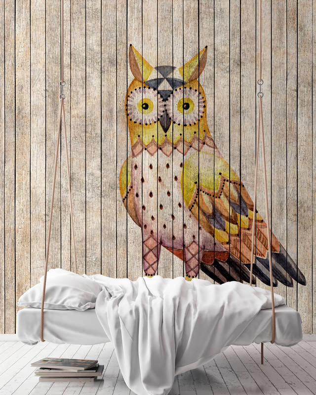             Fairy tale 1 - Wooden board wall with owl photo wallpaper - Beige, Brown | Pearl smooth fleece
        