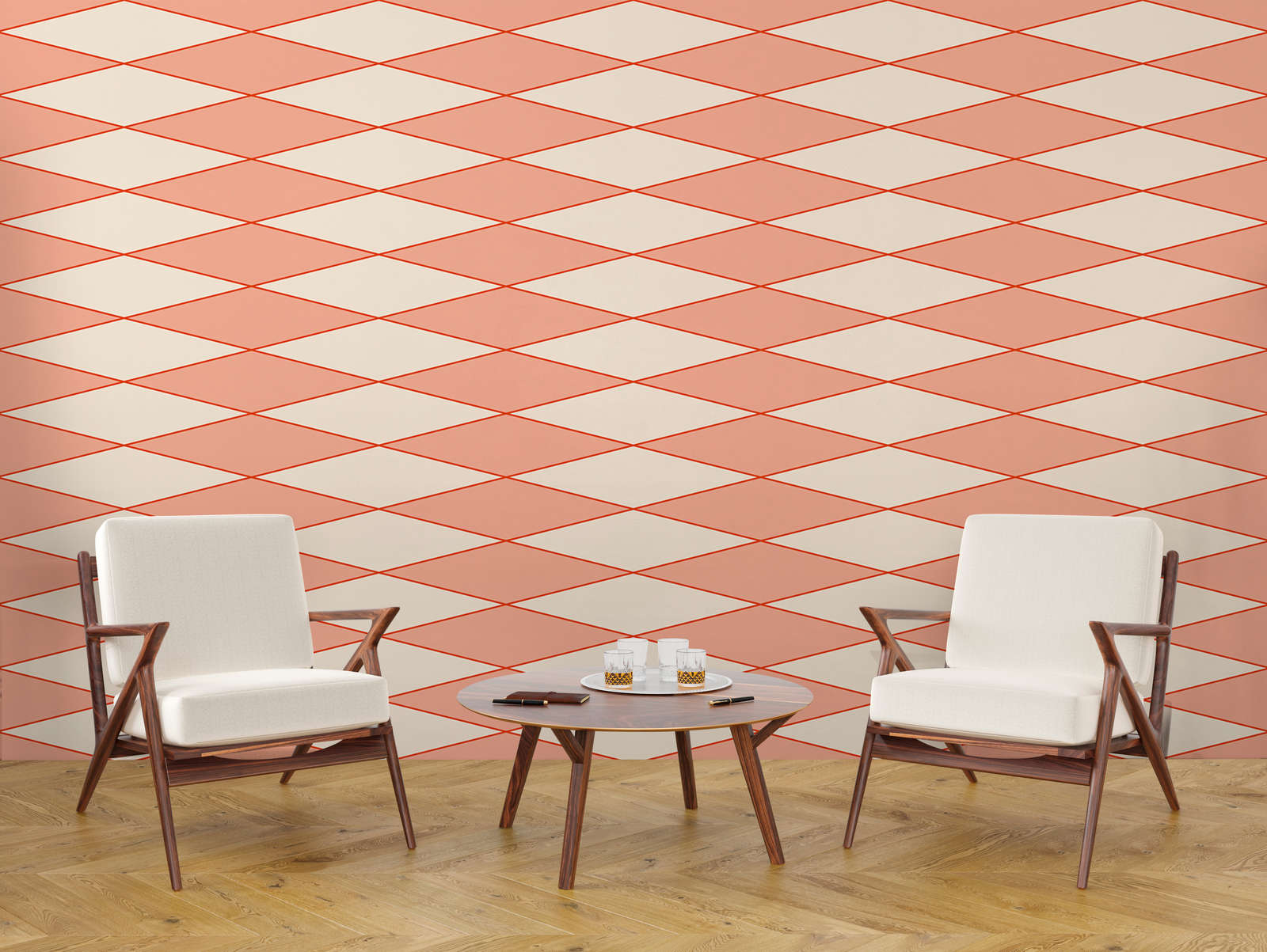             Lozenge & Line Pattern Wallpaper - Orange, Beige | Premium Smooth Non-woven
        