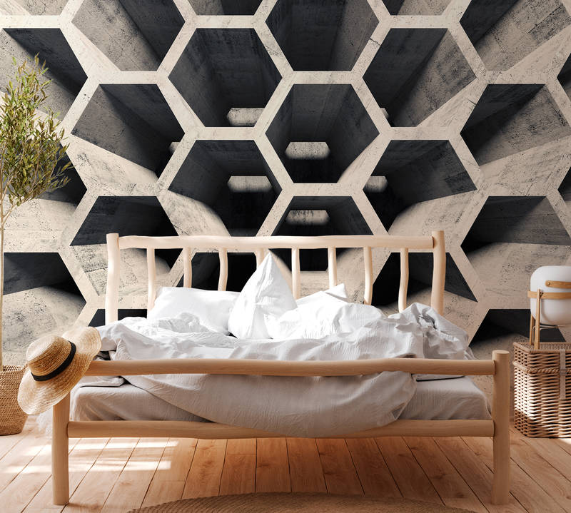             Papel pintado 3D con diseño de nido de abeja y aspecto de hormigón - Gris, Beige
        