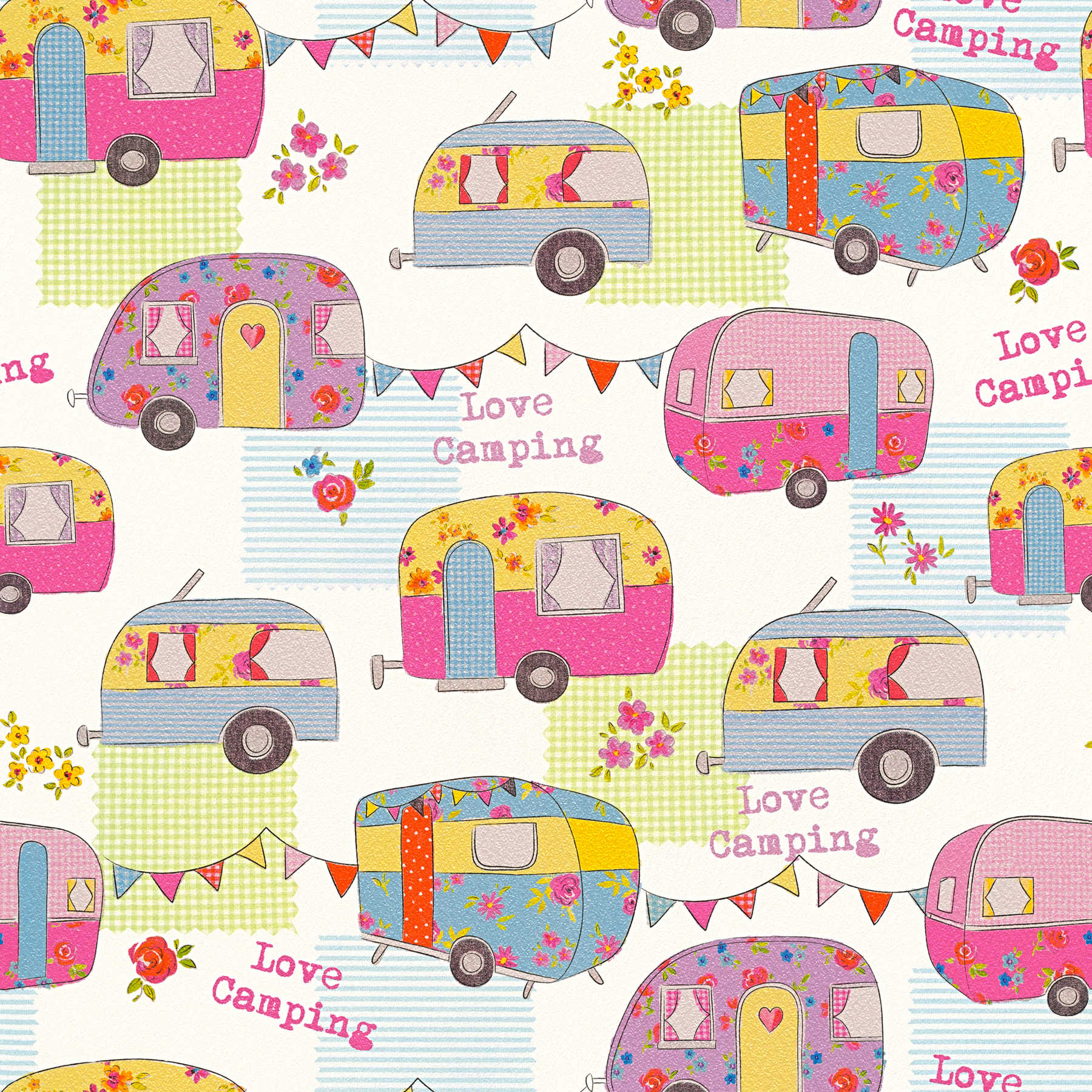 Nursery wallpaper travel & camping, patterned - colourful, cream
