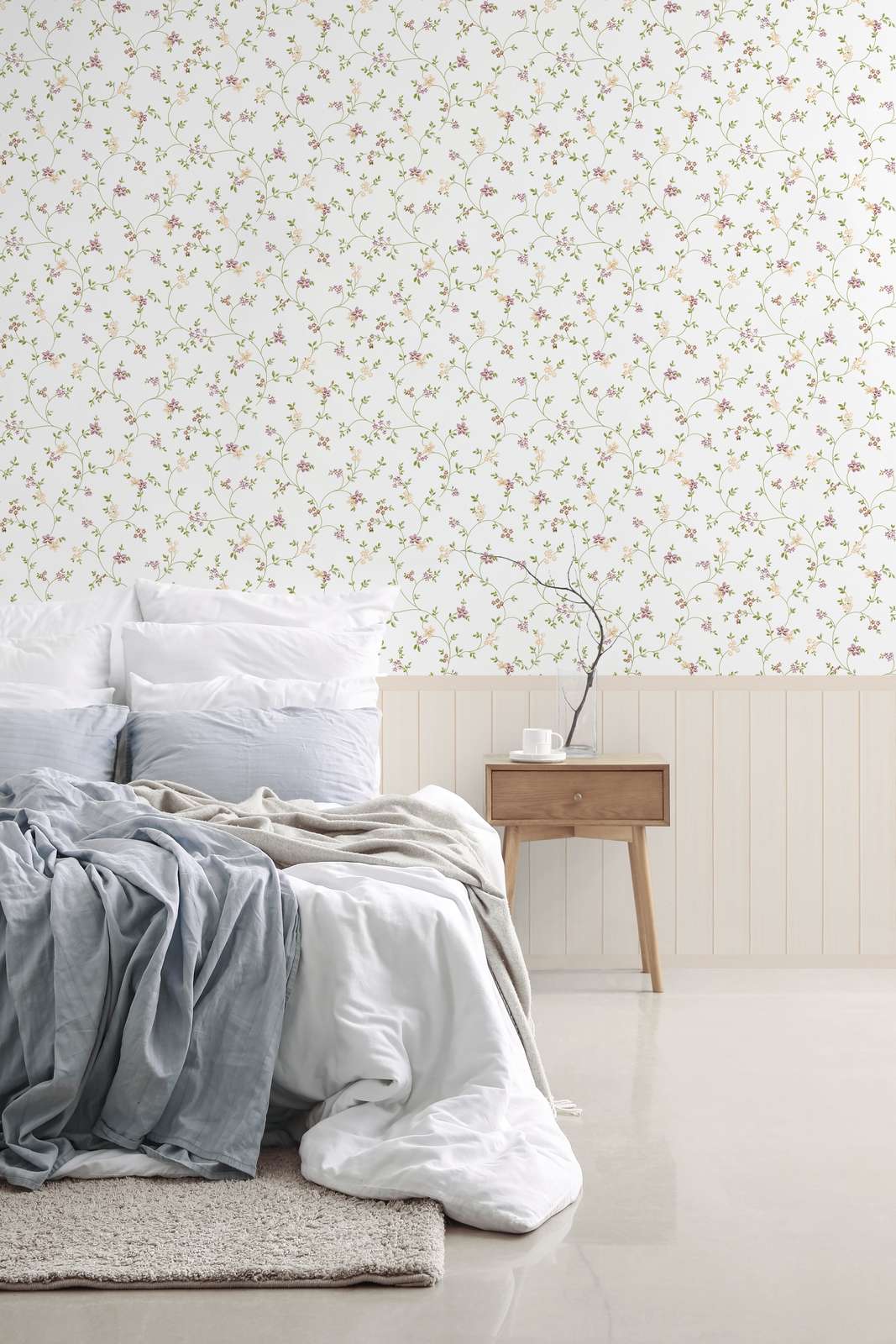             Non-woven motif wallpaper with wood-effect plinth border and floral pattern - beige, white, pink, green
        