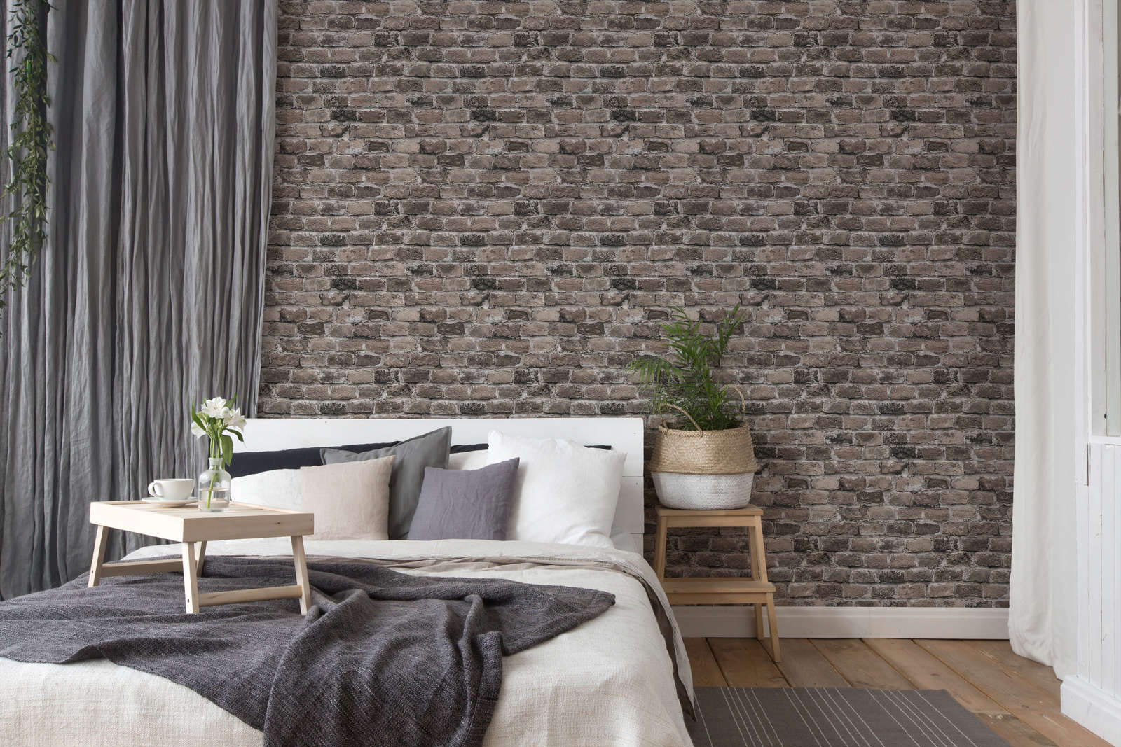             Mur de briques papier peint intissé - gris, marron, beige
        