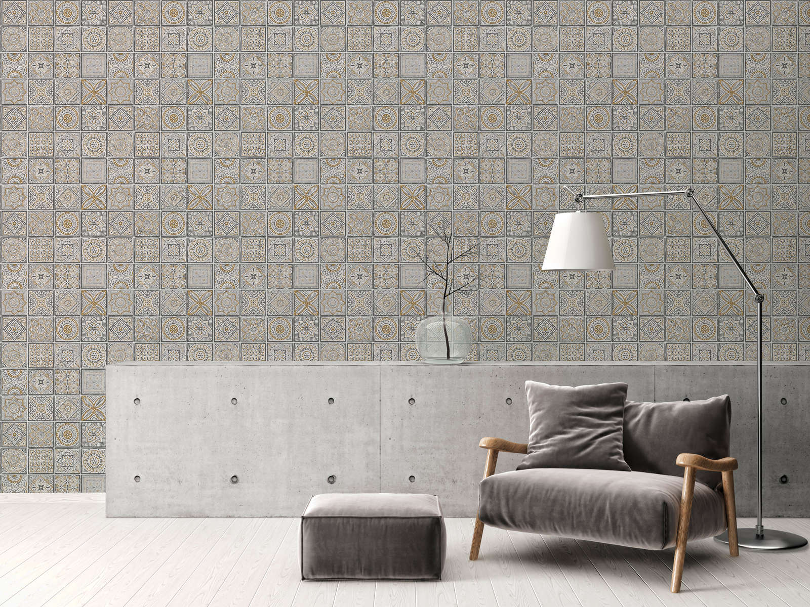             Floral non-woven wallpaper with tiles and mosaic look - gold, white, black
        