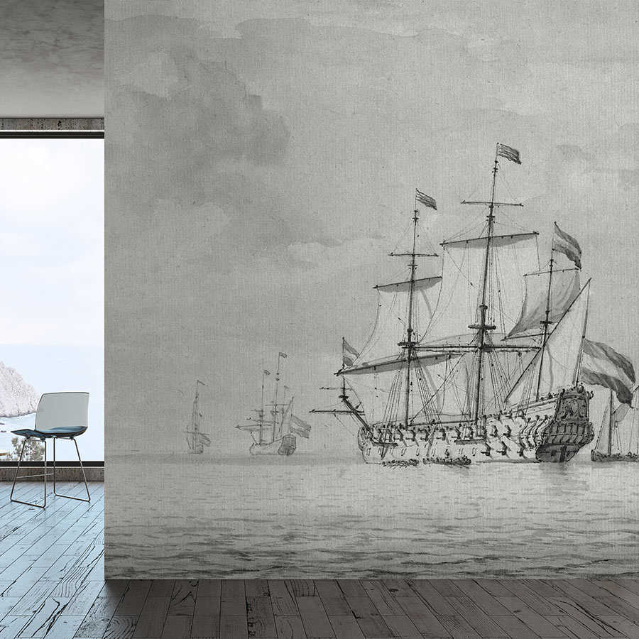 On the Sea 2 - grey beige photo wallpaper ships vintage painting style
