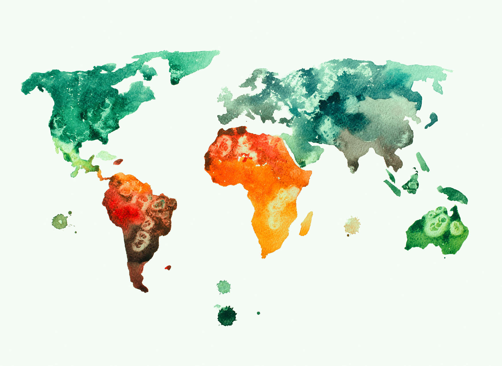             World Map Wallpaper Watercolours - Colourful, White, Green
        