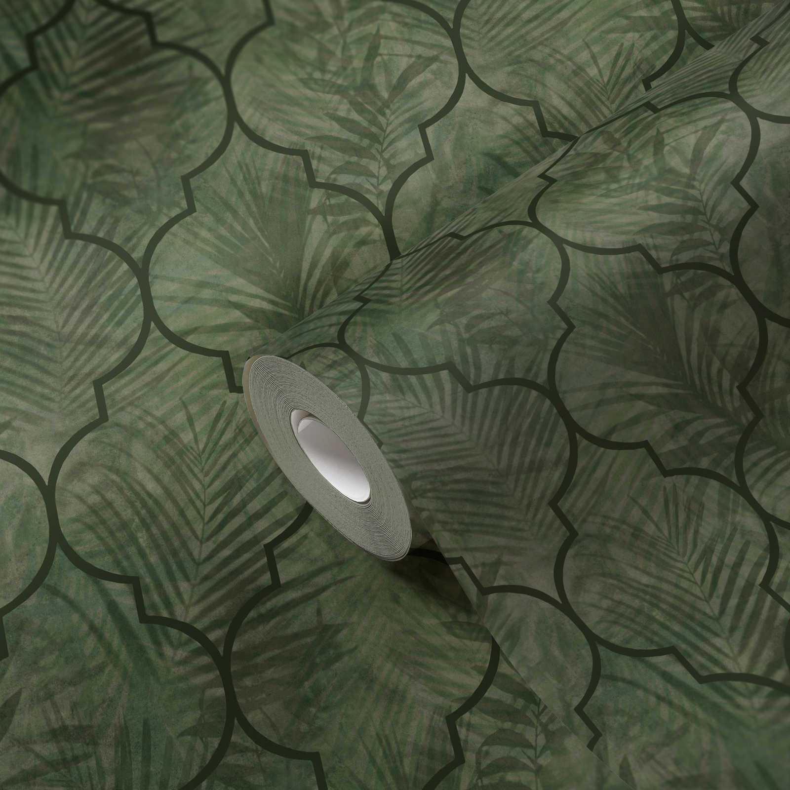             Non-woven wallpaper with leaf pattern on tile look - green
        