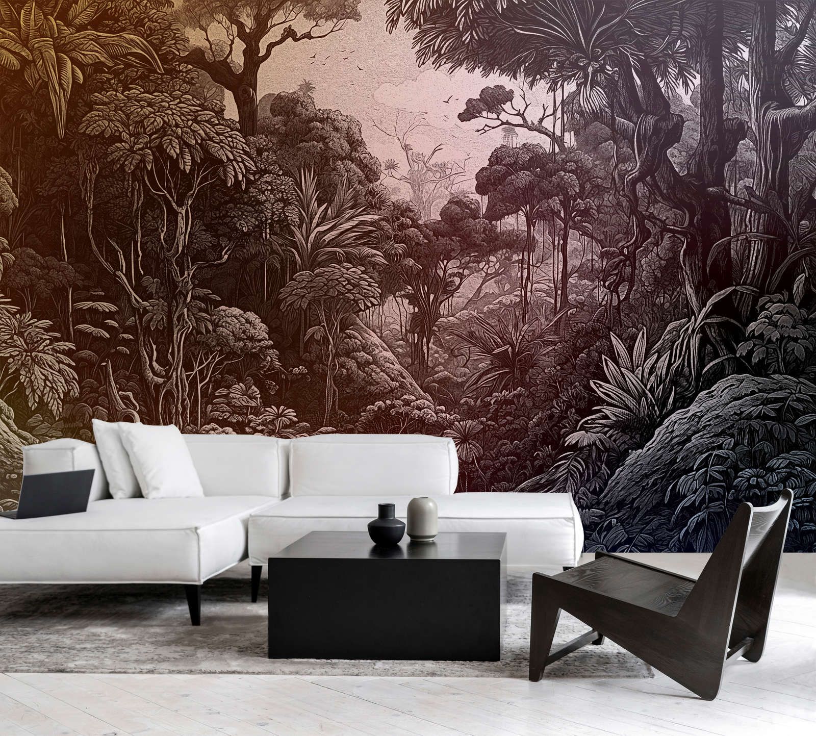             Photo wallpaper »liana« - Jungle design with colour gradient - orange, violet, grey-green | Smooth, slightly shiny premium non-woven fabric
        