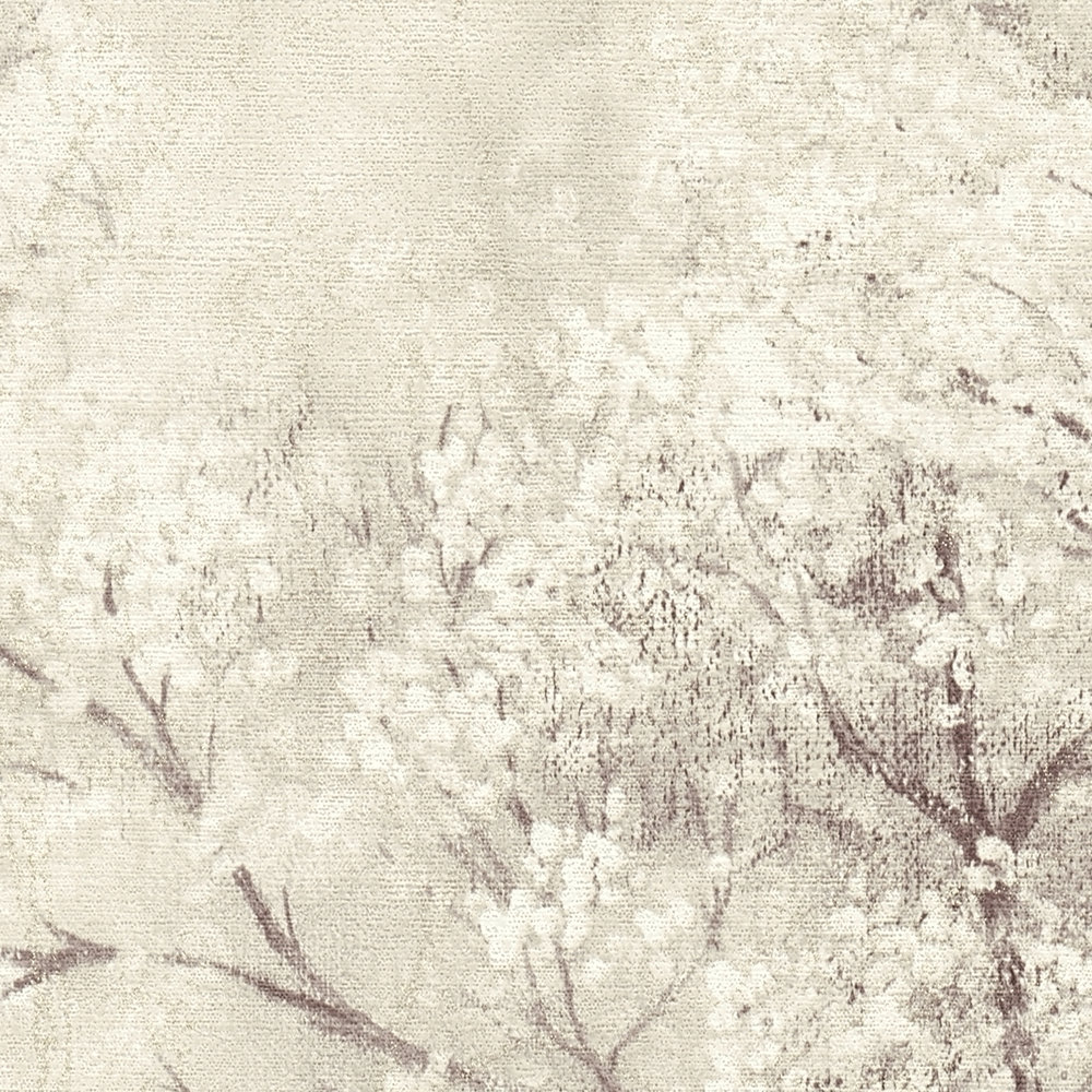             papel pintado flor de cerezo efecto brillo - crema, gris, blanco
        