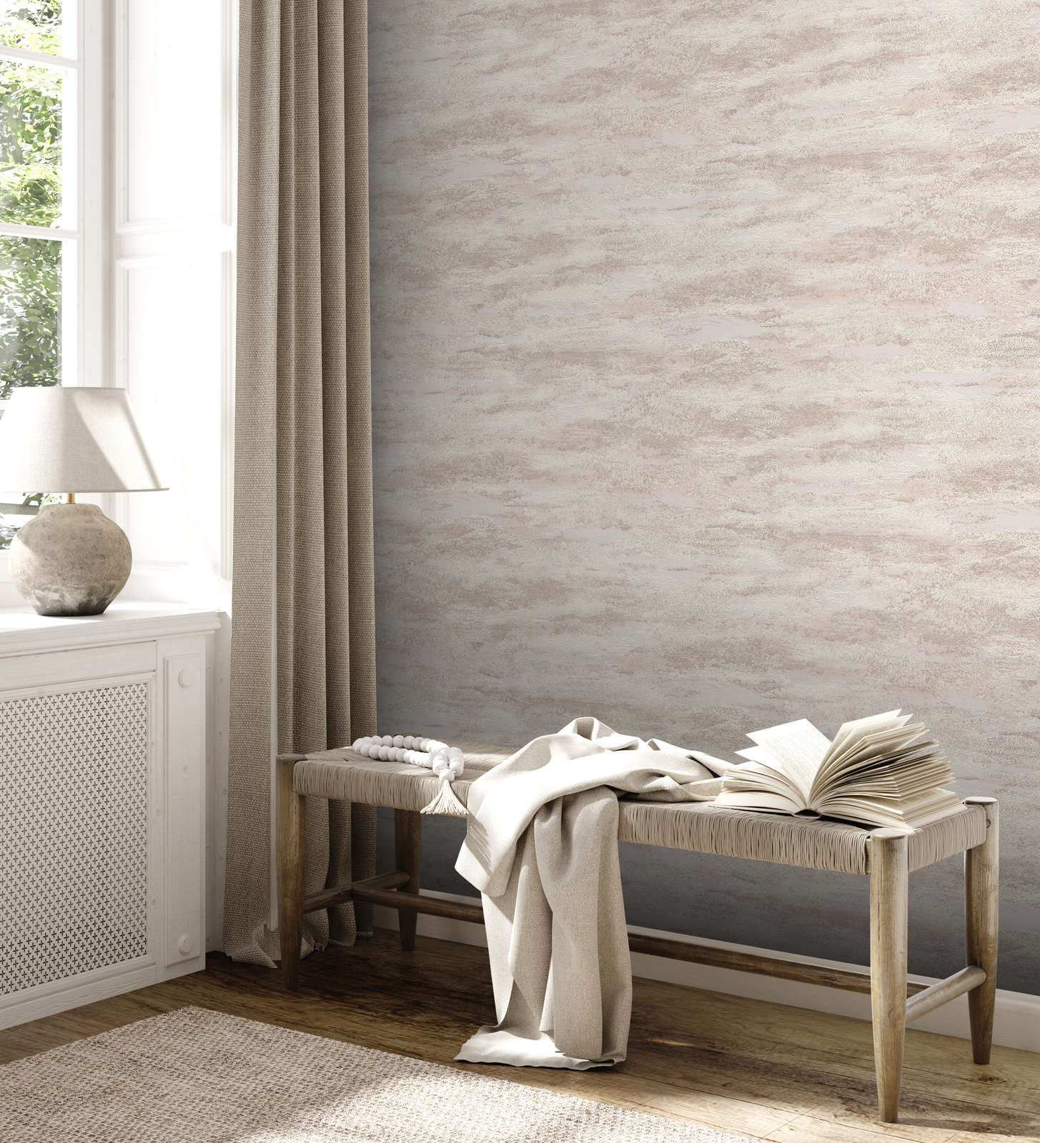             Non-woven wallpaper with light wave pattern & glitter effect - white, beige
        