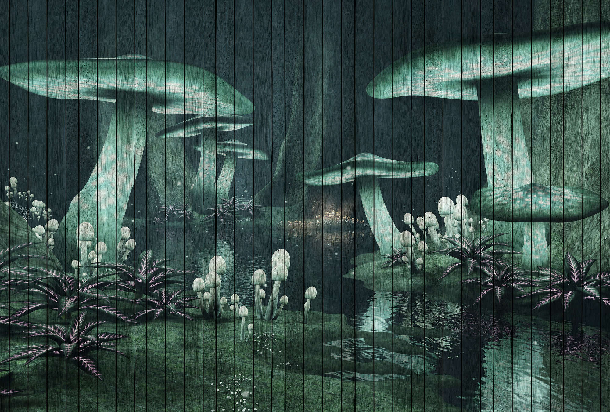             Fantasía 1 - Fotomural Bosque encantado con aspecto de madera - Verde | Vellón liso de primera calidad
        
