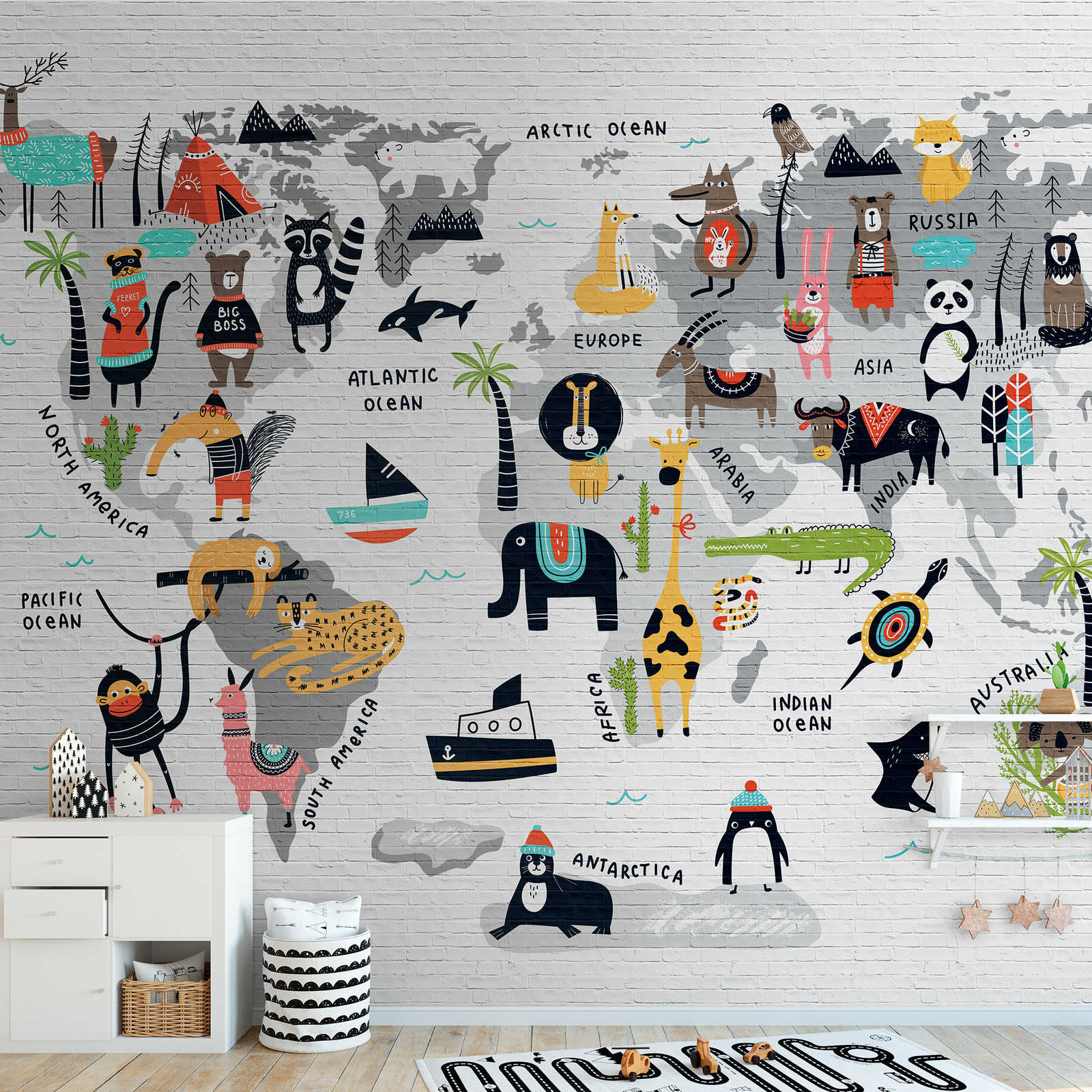 Wallpaper novelty | Nursery wallpaper world map with animal motifs
