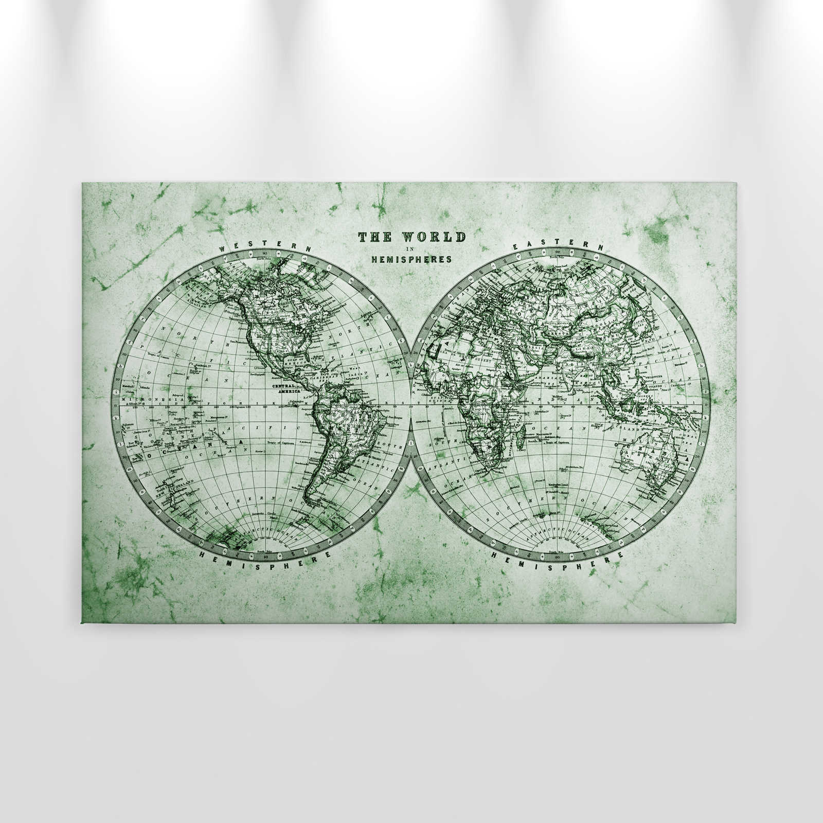             Toile avec carte du monde vintage en hémisphères | vert, gris, blanc - 0,90 m x 0,60 m
        