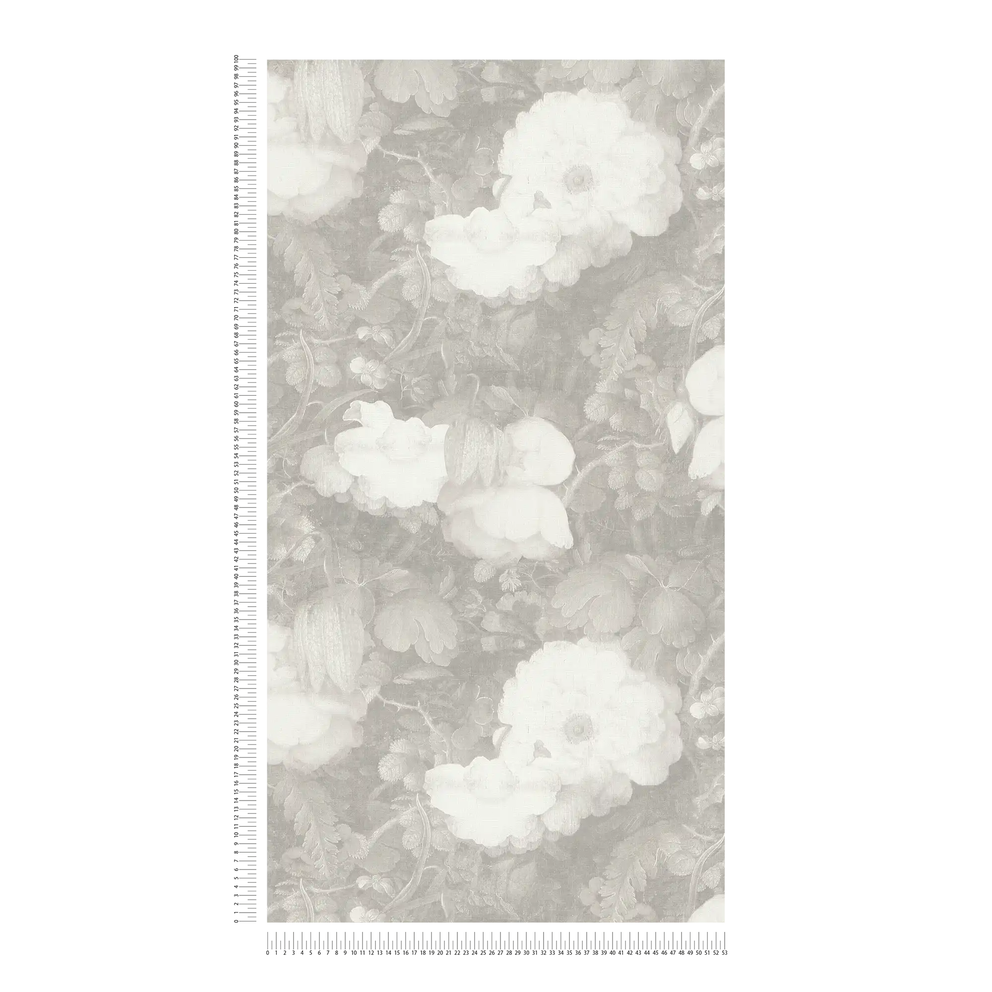             Carta da parati floreale in stile pittura, aspetto tela - grigio, bianco
        