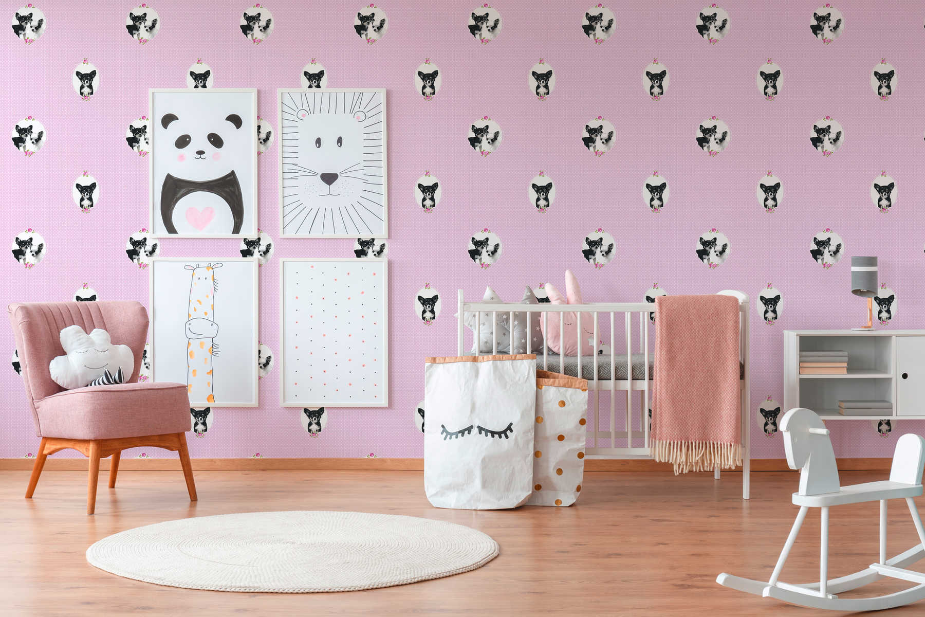             Pink dots wallpaper with dogs portraits - Pink
        