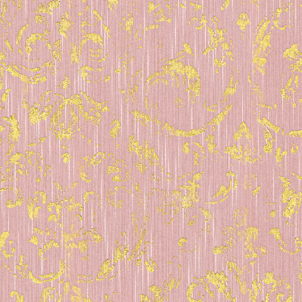             Wallpaper with gold ornaments in used look - pink, gold
        