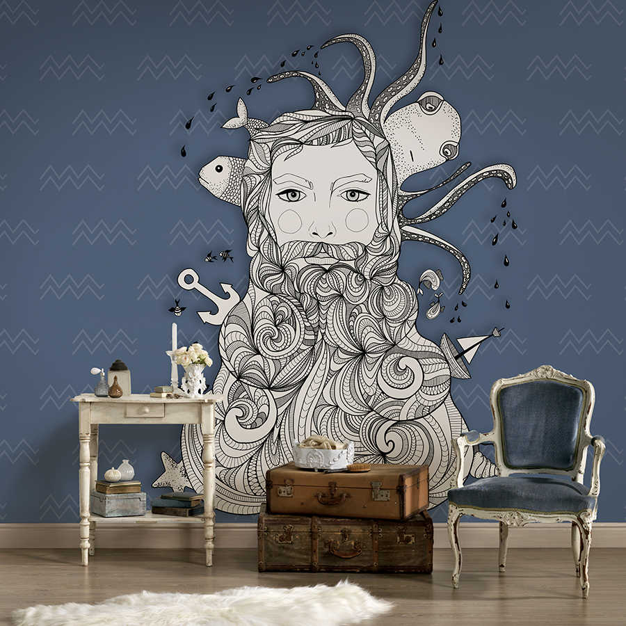 Maritiem Doodle Patroon & Golven Behang - Blauw
