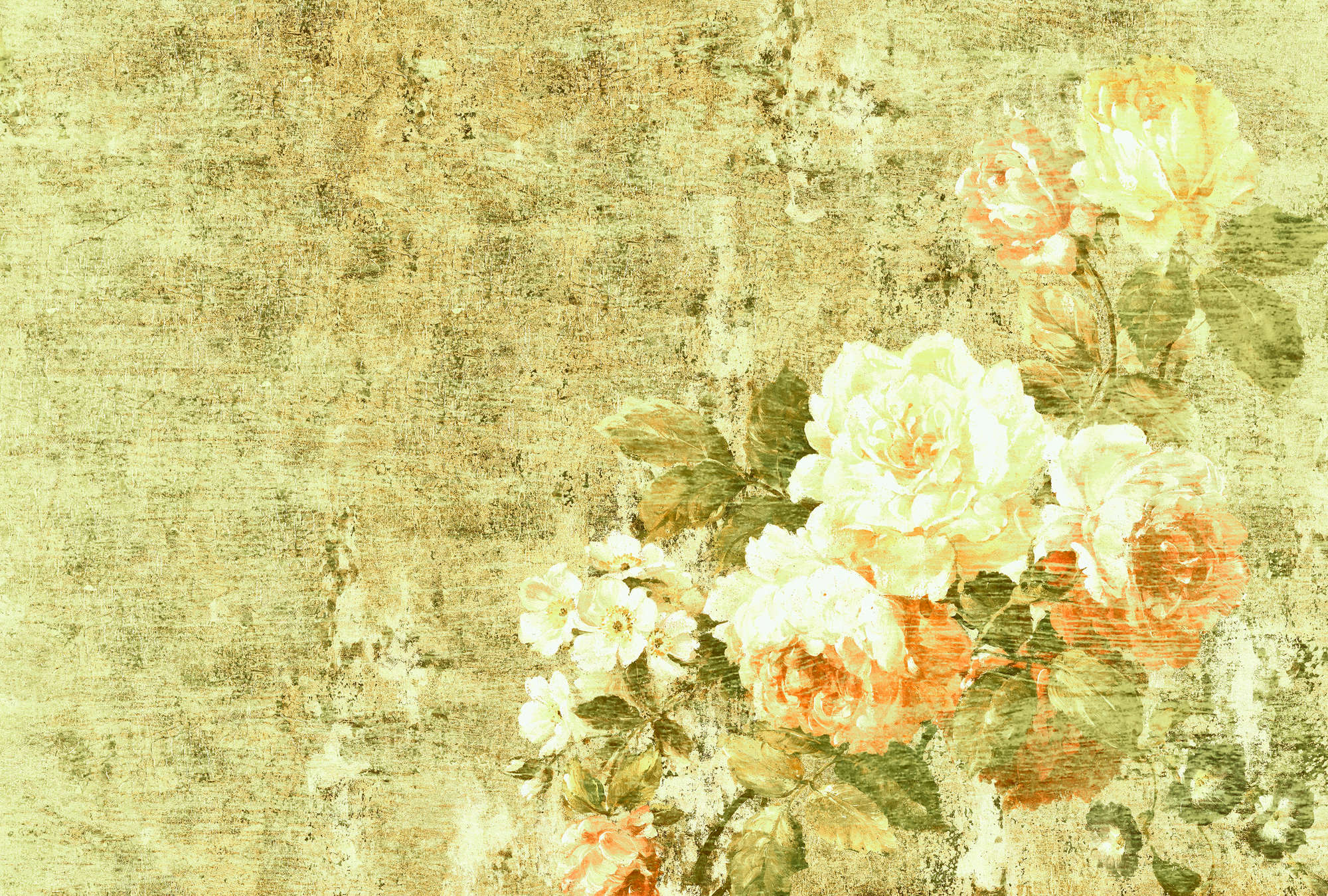             Photo wallpaper with roses in shabby chic style - green, pink, cream
        