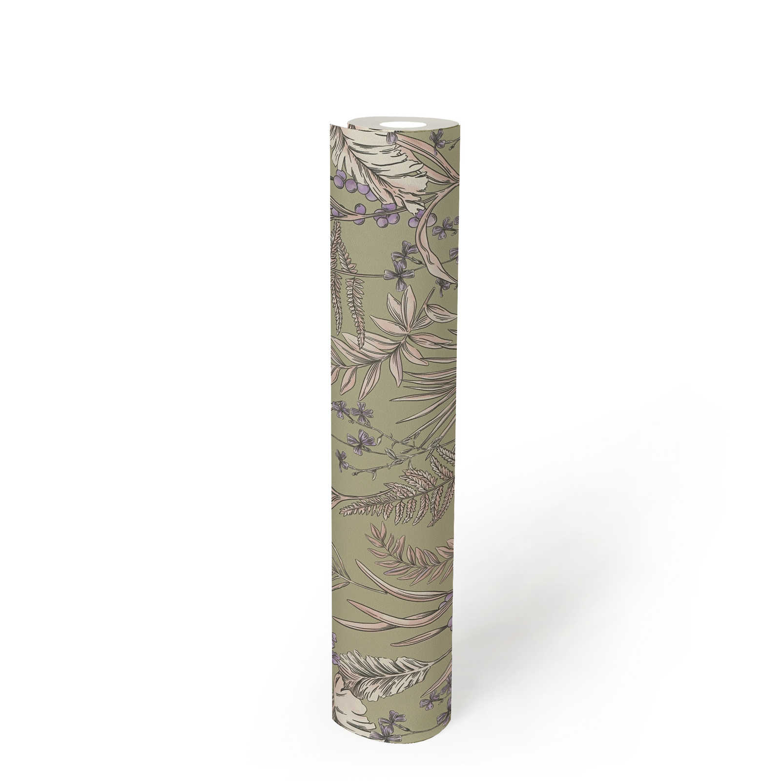             papier peint en papier moderne style floral structuré avec des feuilles et des fleurs - gris, crème, violet
        