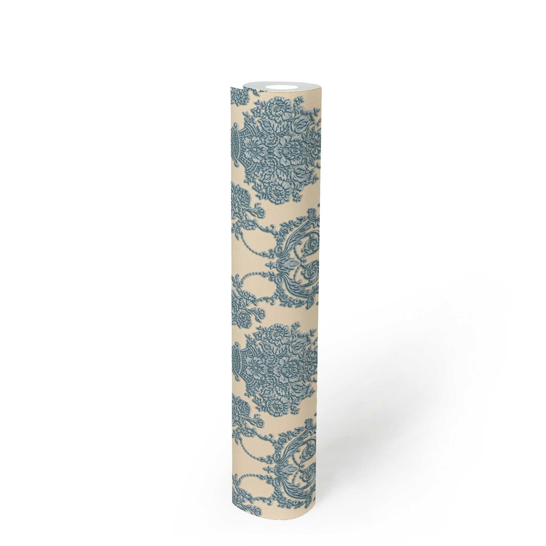             Papier peint ornemental floral avec accent métallique - beige, bleu
        