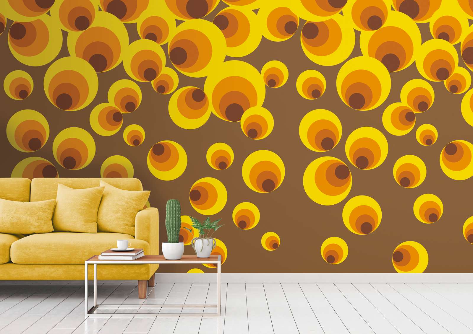             Vliesbehang met groot stippenpatroon in retrostijl - geel, oranje, bruin
        