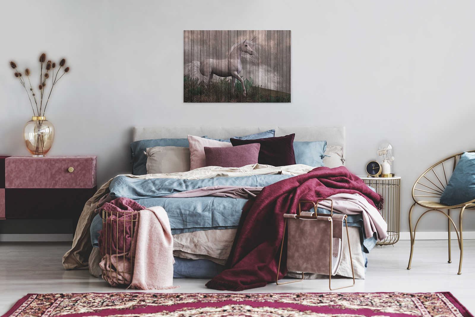             Fantasy 3 - Unicorn canvas picture with wooden board look - 0.90 m x 0.60 m
        