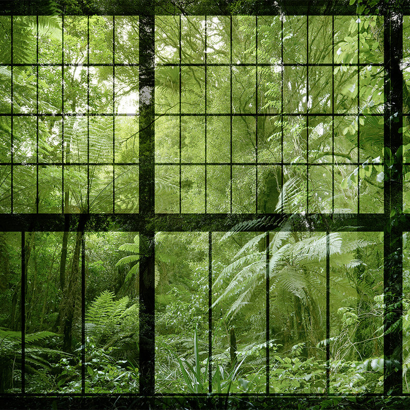 Rainforest 2 - Loft raamschildering met uitzicht op de jungle - Groen, Zwart | Matte gladde fleece
