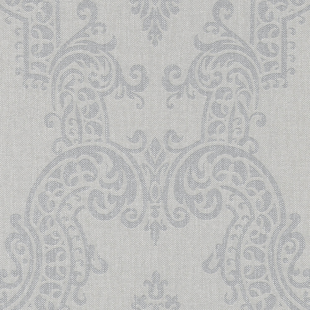             Papier peint ornemental floral aspect lin - beige, gris
        