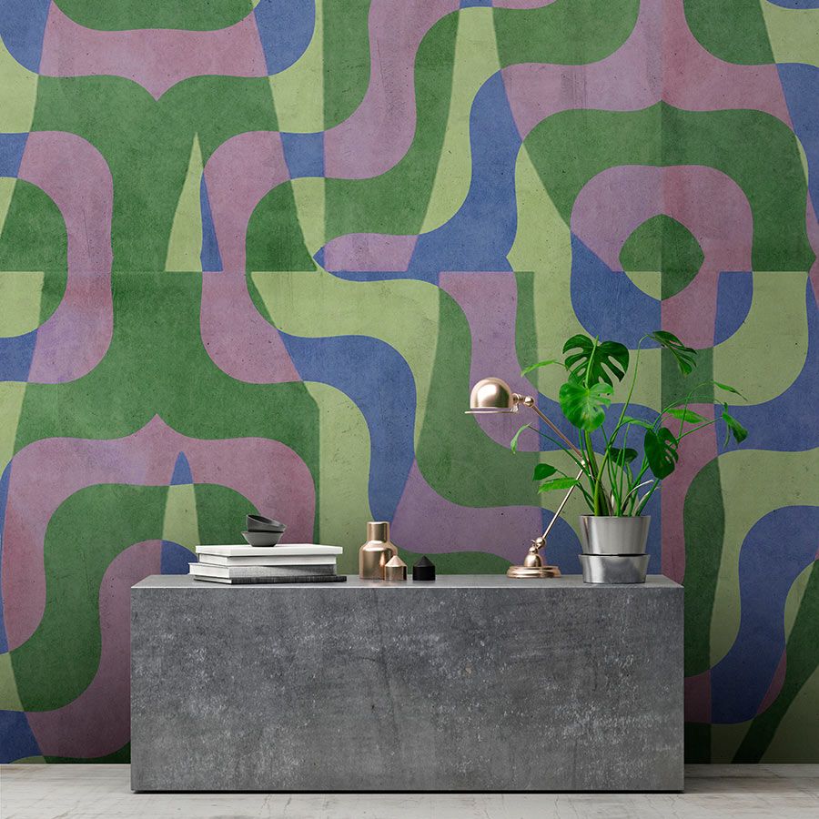 papier peint en papier panoramique »viola« - motif abstrait rétro sur fond d'enduit béton - vert, bleu, violet | Intissé premium lisse et légèrement brillant
