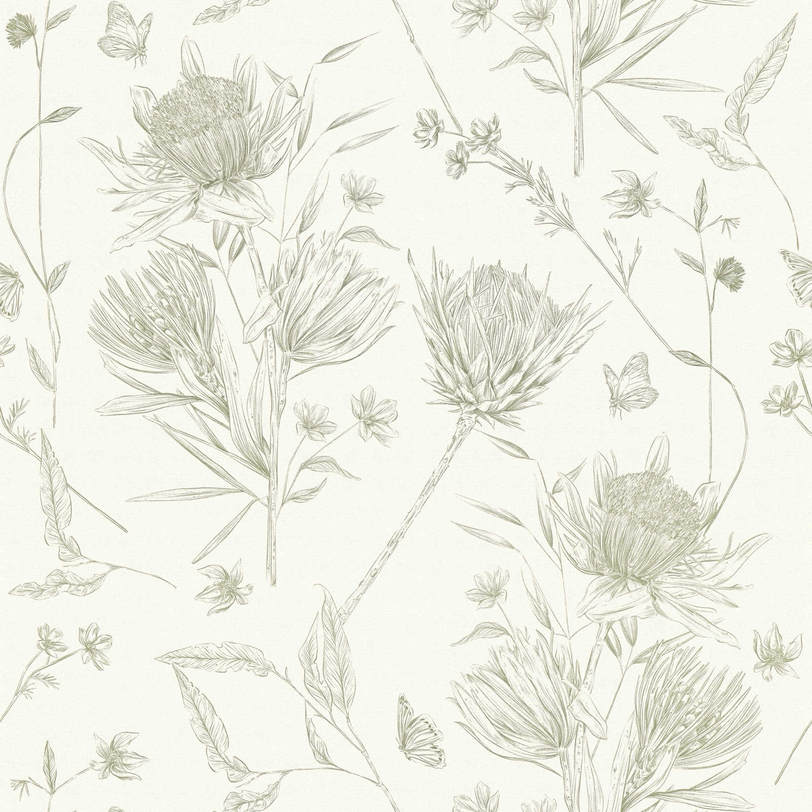 wallpaper floral with flowers & butterflies textured matt - white, green

