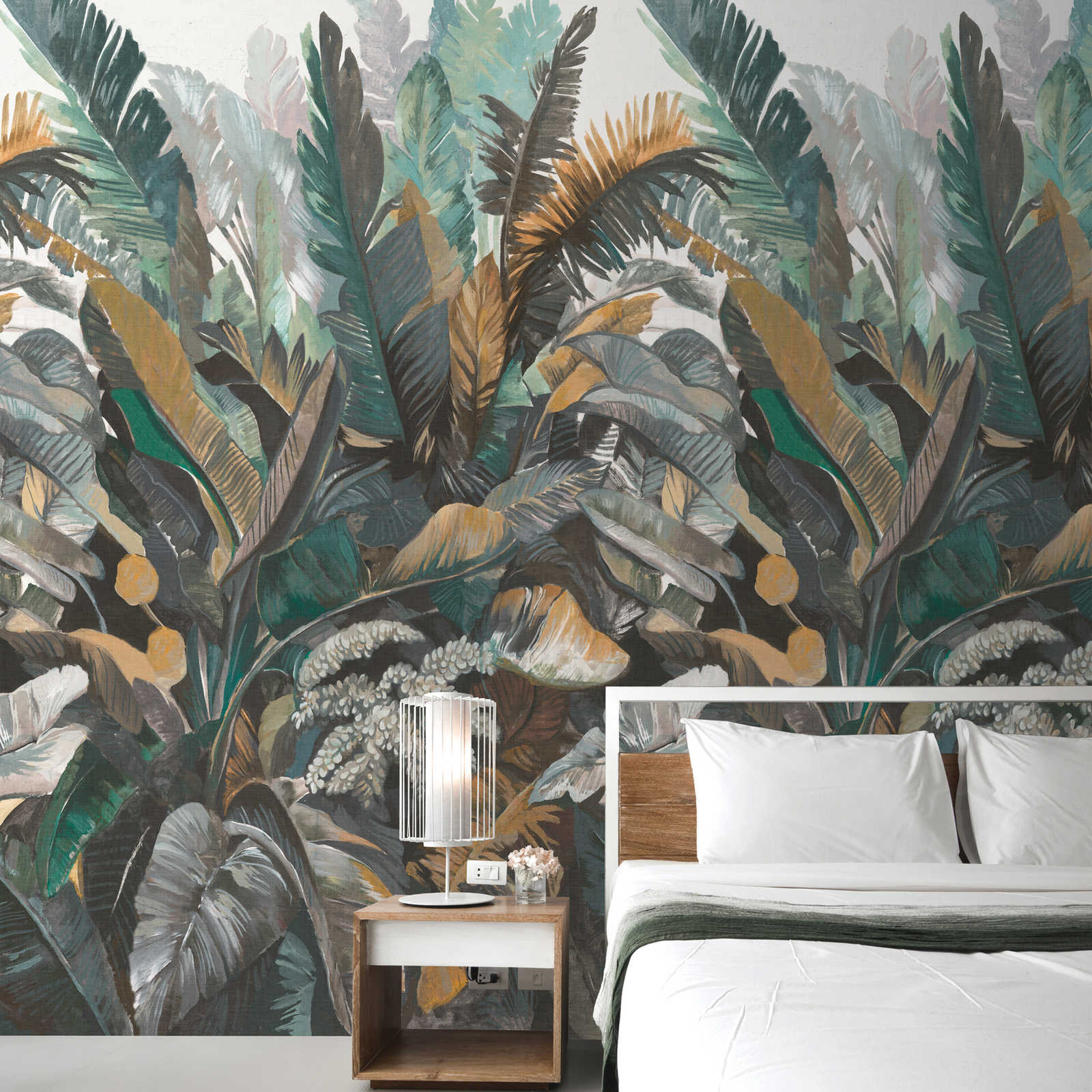 Non-woven wallpaper with large jungle motif - green, beige
