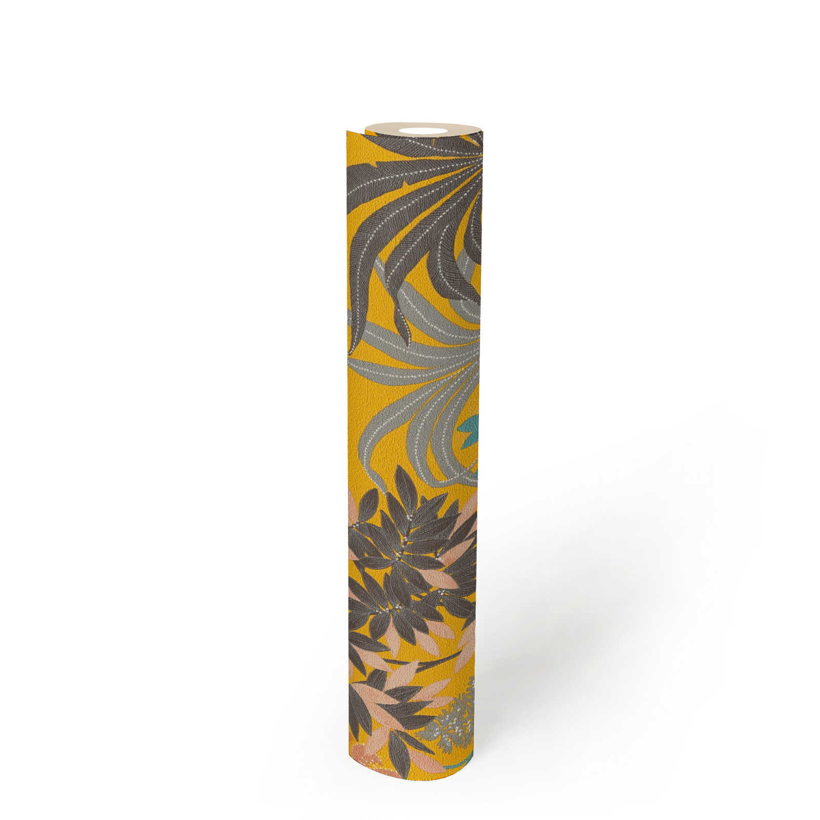            Llamativo papel pintado floral en colores vivos: amarillo, negro, rosa
        
