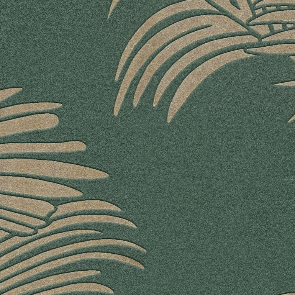             Carta da parati in tessuto non tessuto in abete verde e oro con motivo di foglie di palma - verde, metallizzato
        