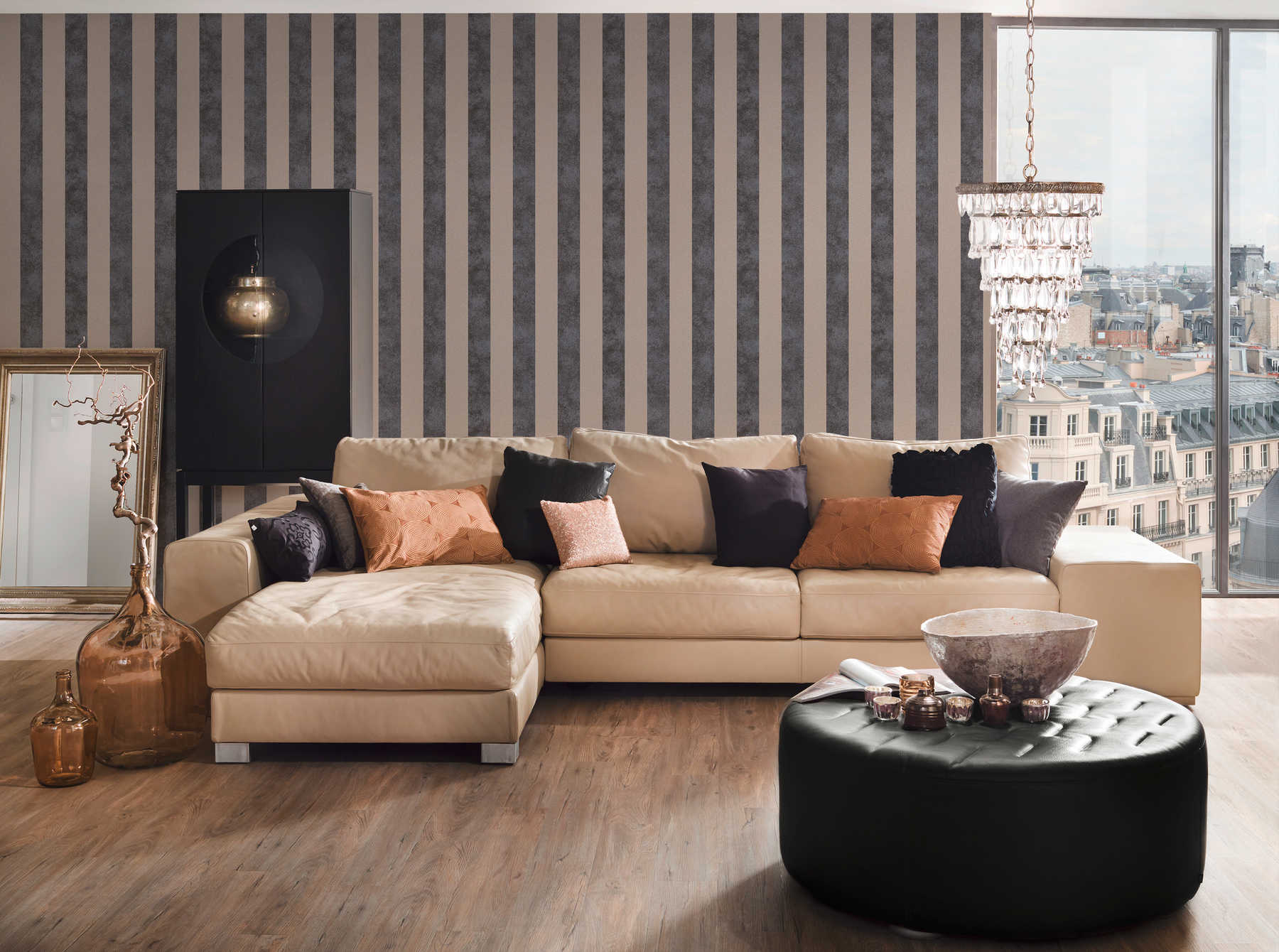             Block stripes wallpaper with colour and texture pattern - black, beige, silver
        